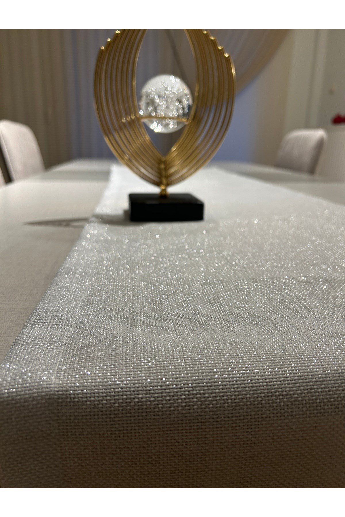 Keten Görünümlü Simli Linen Gümüş Runner 40 x 160