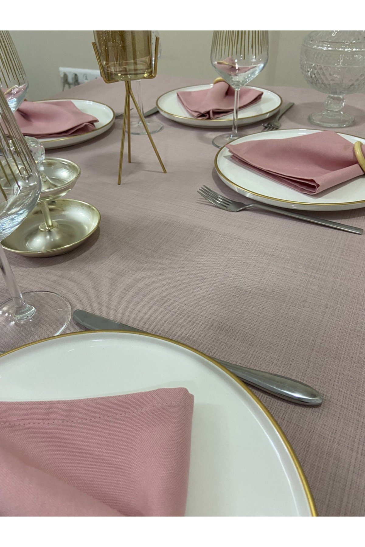 Keten Görünümlü Simsiz Begonvil Masa Örtüsü Pudra Pembe 13 Parça