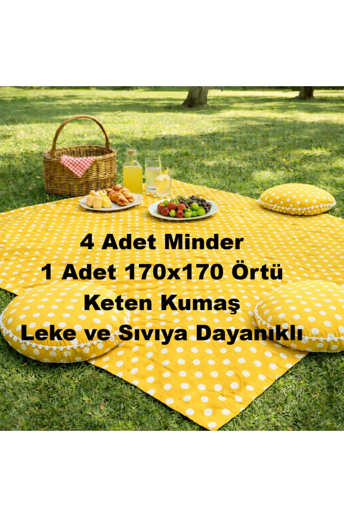 Keten Sıvı Geçirmez Puantiyeli Piknik Seti 4 Minderli Piknik Masa Örtüsü Bahçe Piknik Takımı Sarı