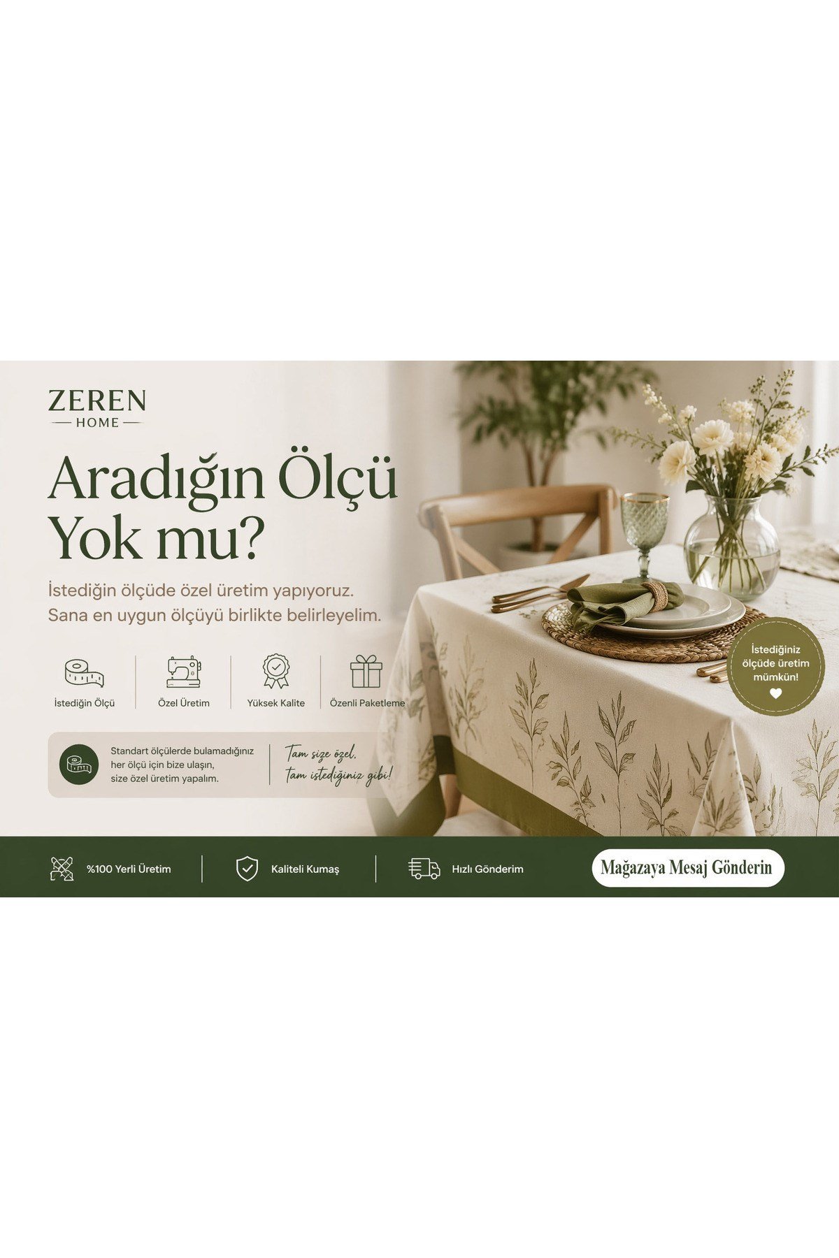 Kırık Beyaz Keten Görünümlü Masa Örtüsü | Masanıza Özel Ölçü Dikim | Modern ve Şık Tasarım