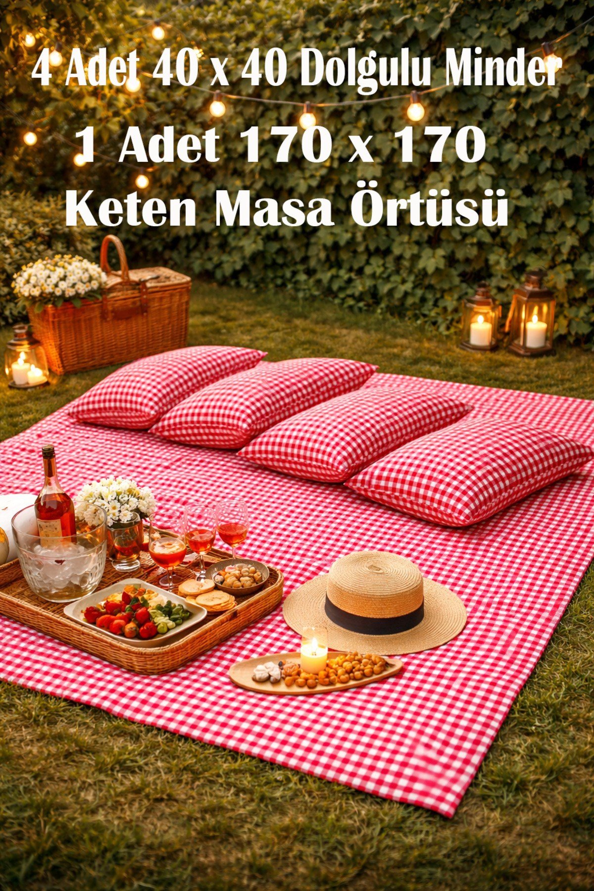 Kırmızı Ekose Piknik Örtüsü & 4 Minder Seti | Konforlu Piknik Takımı | Kamp, Bahçe, Plaj Örtüsü