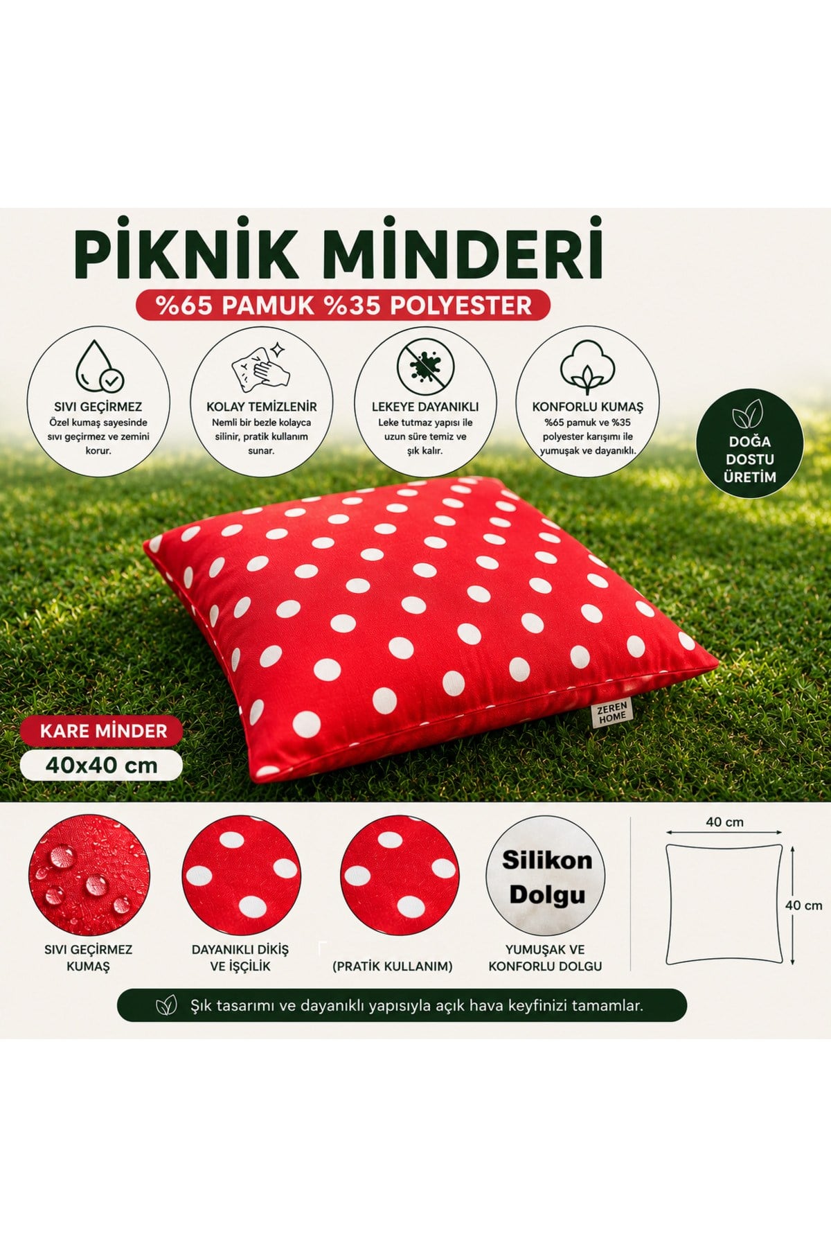 Kırmızı Puantiyeli Dolgulu Yer Minderi 40x40 cm | Piknik ve Bahçe Minderi | Sıvı Geçirmez - 2 Adet