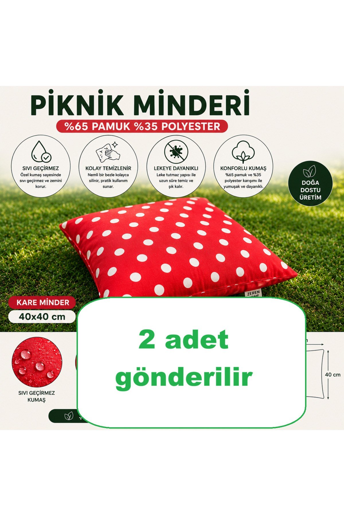 Kırmızı Puantiyeli Dolgulu Yer Minderi 40x40 cm | Piknik ve Bahçe Minderi | Sıvı Geçirmez - 2 Adet