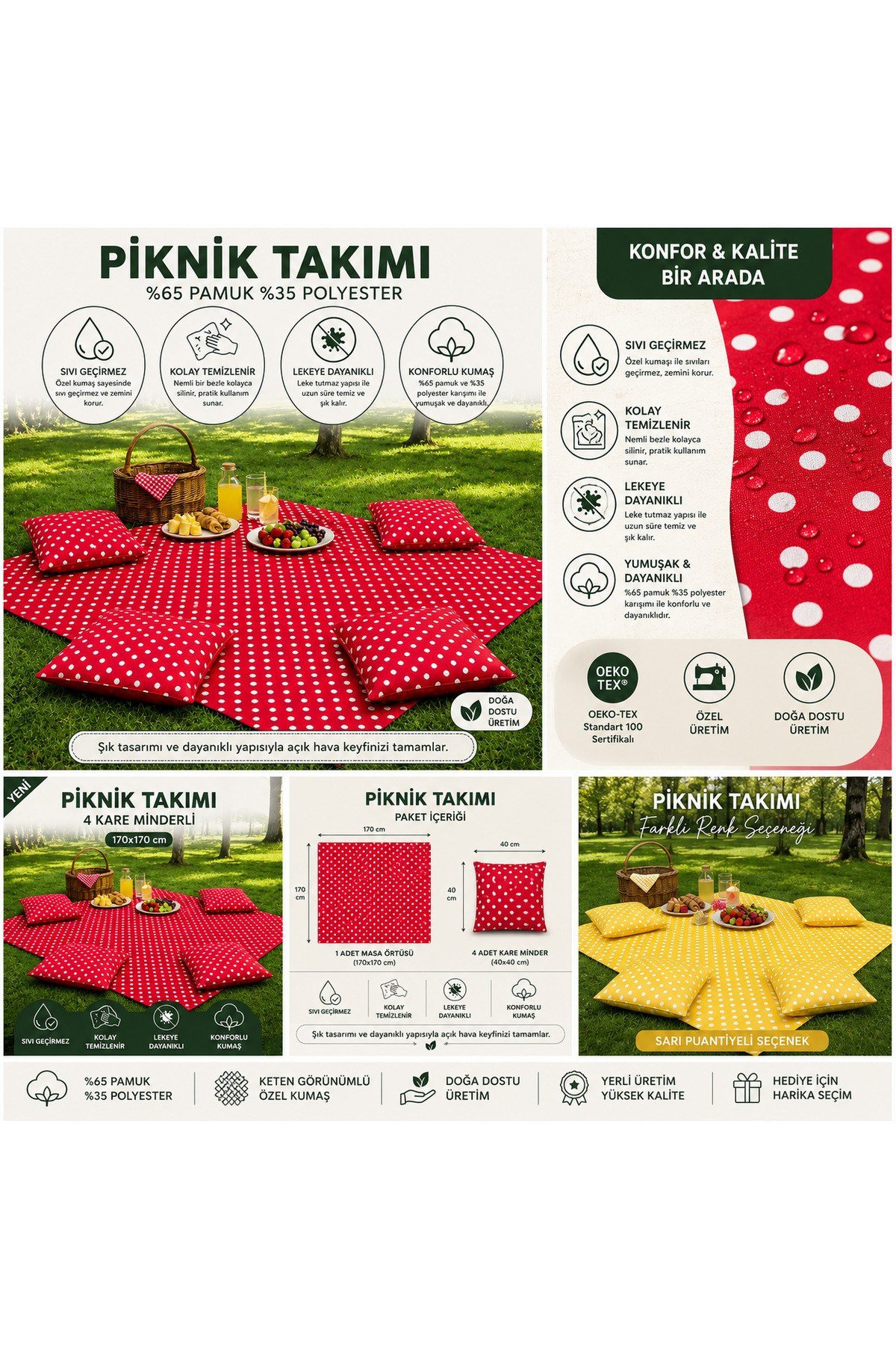 Kırmızı Puantiyeli Piknik Takımı 170x170 cm | 4 Kare Dolgulu Minderli | Sıvı Geçirmez | Özel Üretim