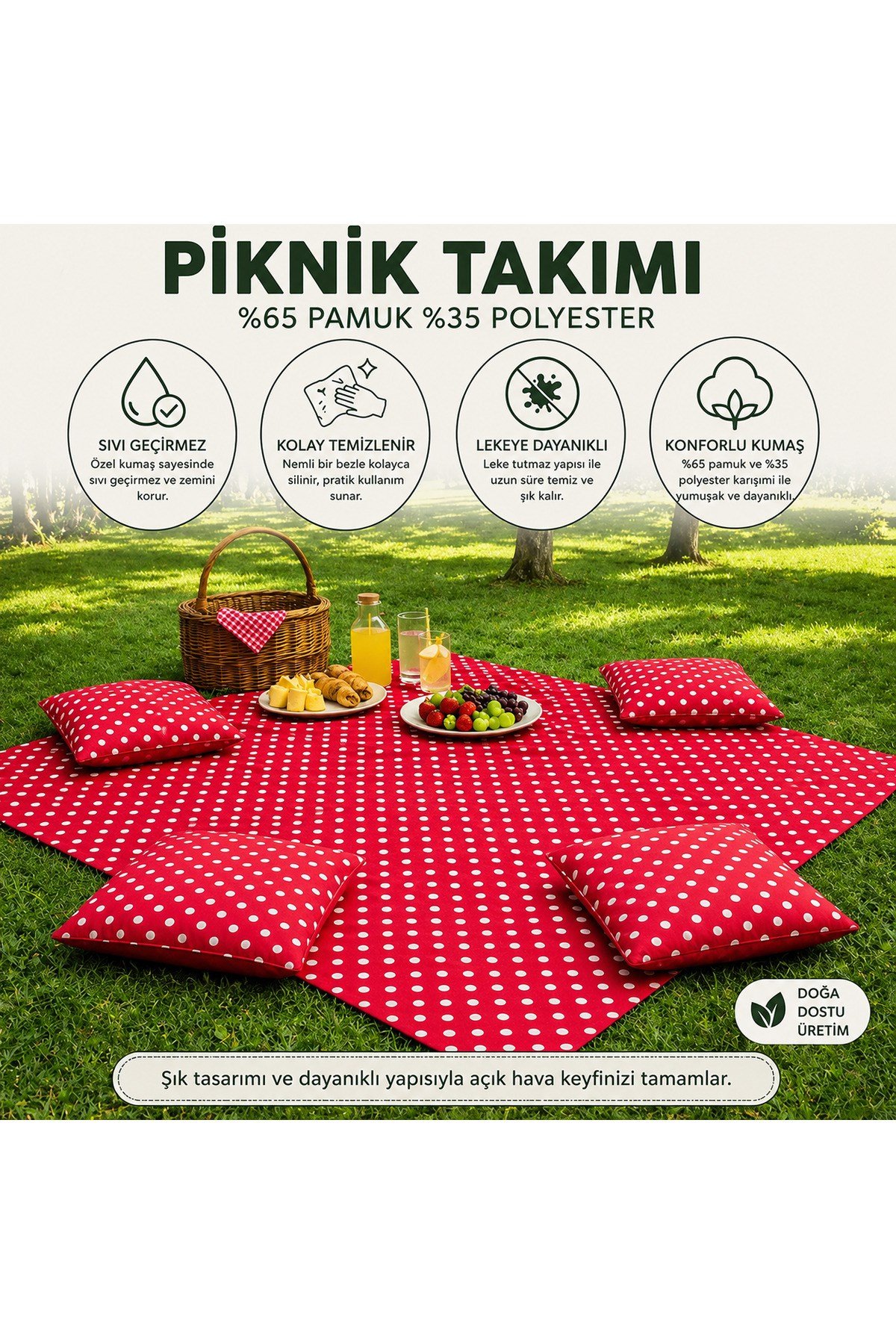 Kırmızı Puantiyeli Piknik Takımı 170x170 cm | 4 Kare Dolgulu Minderli | Sıvı Geçirmez | Özel Üretim