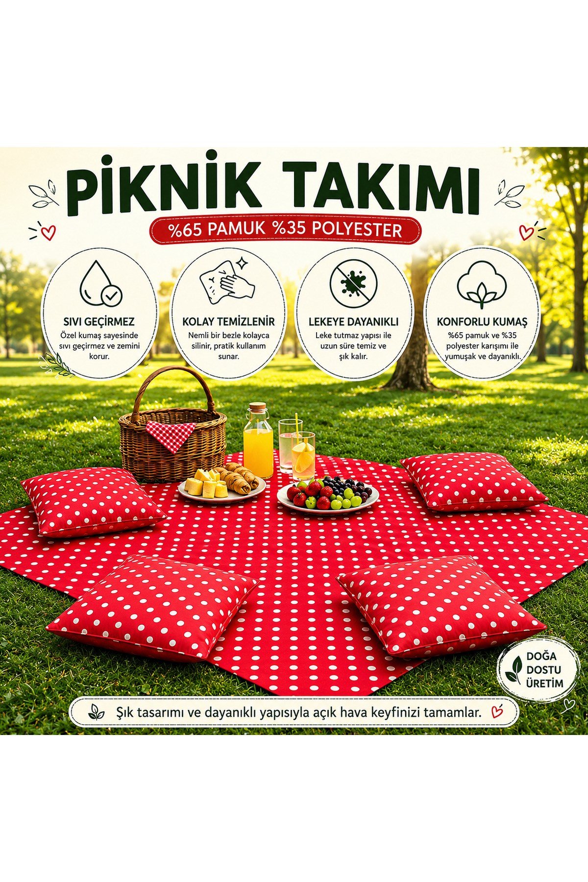 Kırmızı Puantiyeli Piknik Takımı 170x170 cm | 4 Kare Dolgulu Minderli | Sıvı Geçirmez | Özel Üretim