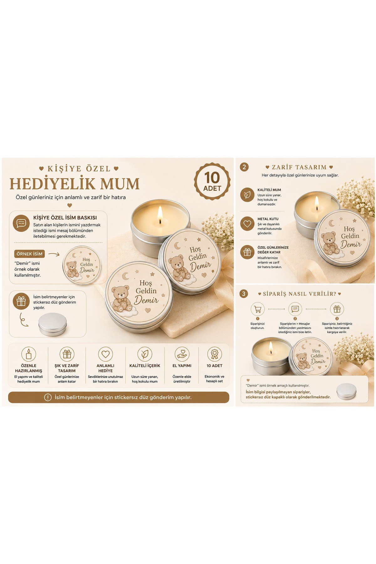 Kişiye Özel İsim Baskılı Ayıcık Temalı Hediyelik Mum 10 Adet | Metal Kutulu Bebek Mevlüdü, Baby Shower, Hastane Çıkışı Dağıtmalık Mum