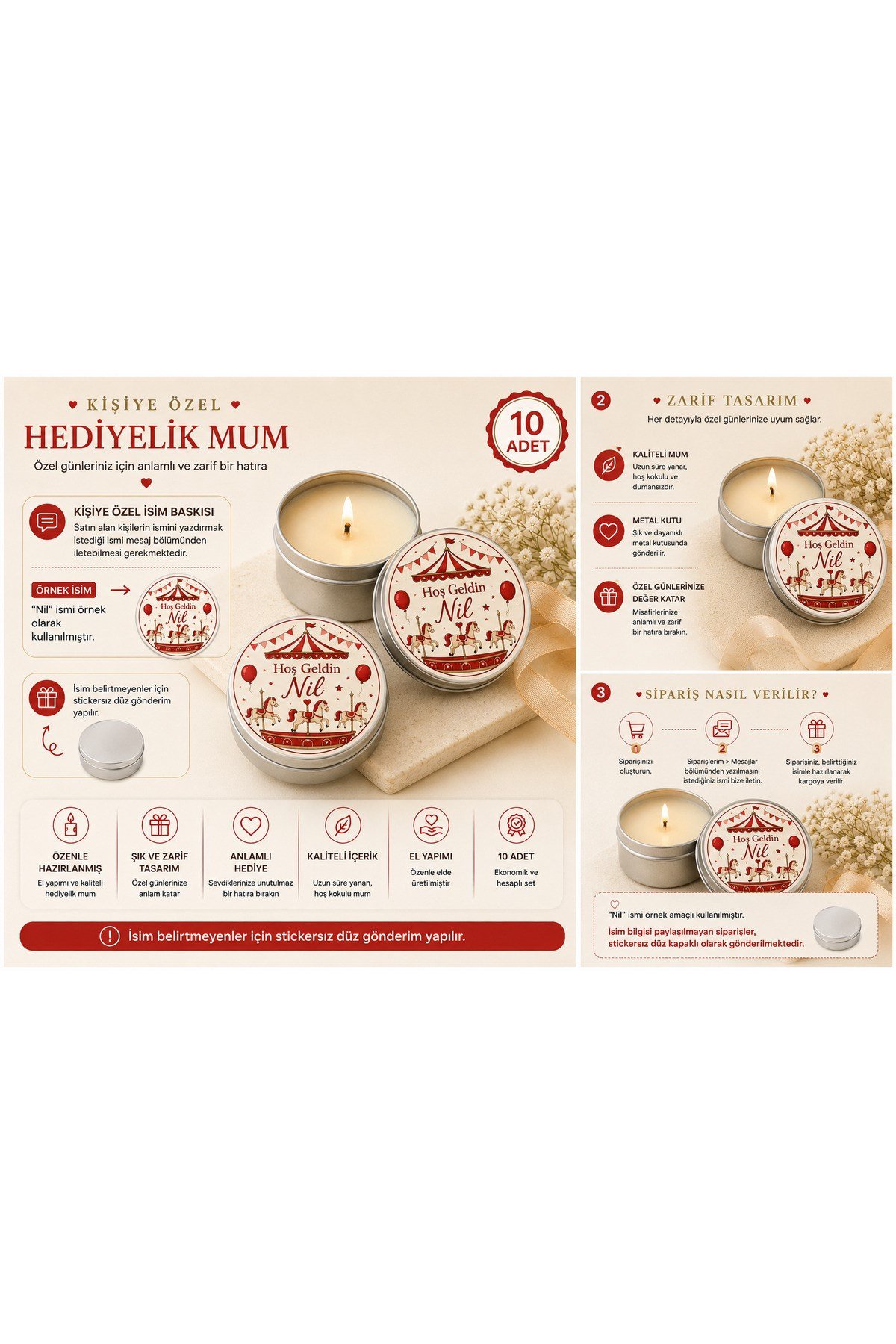 Kişiye Özel İsim Baskılı Hediyelik Mum 10 Adet | Atlı Karınca Temalı Metal Kutulu Bebek Mevlüdü, Baby Shower, Hastane Çıkışı Dağıtmalık Mum