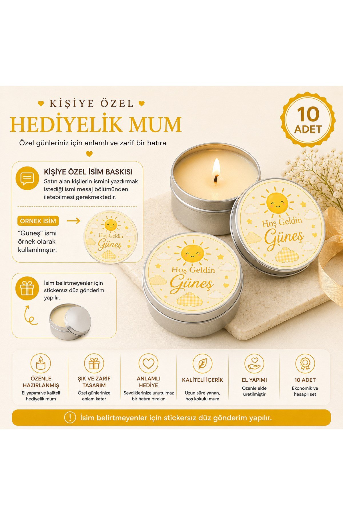 Kişiye Özel İsim Baskılı Hediyelik Mum 10 Adet | Metal Kutulu Bebek Mevlüdü, Baby Shower, Hastane Çıkışı Dağıtmalık Mum