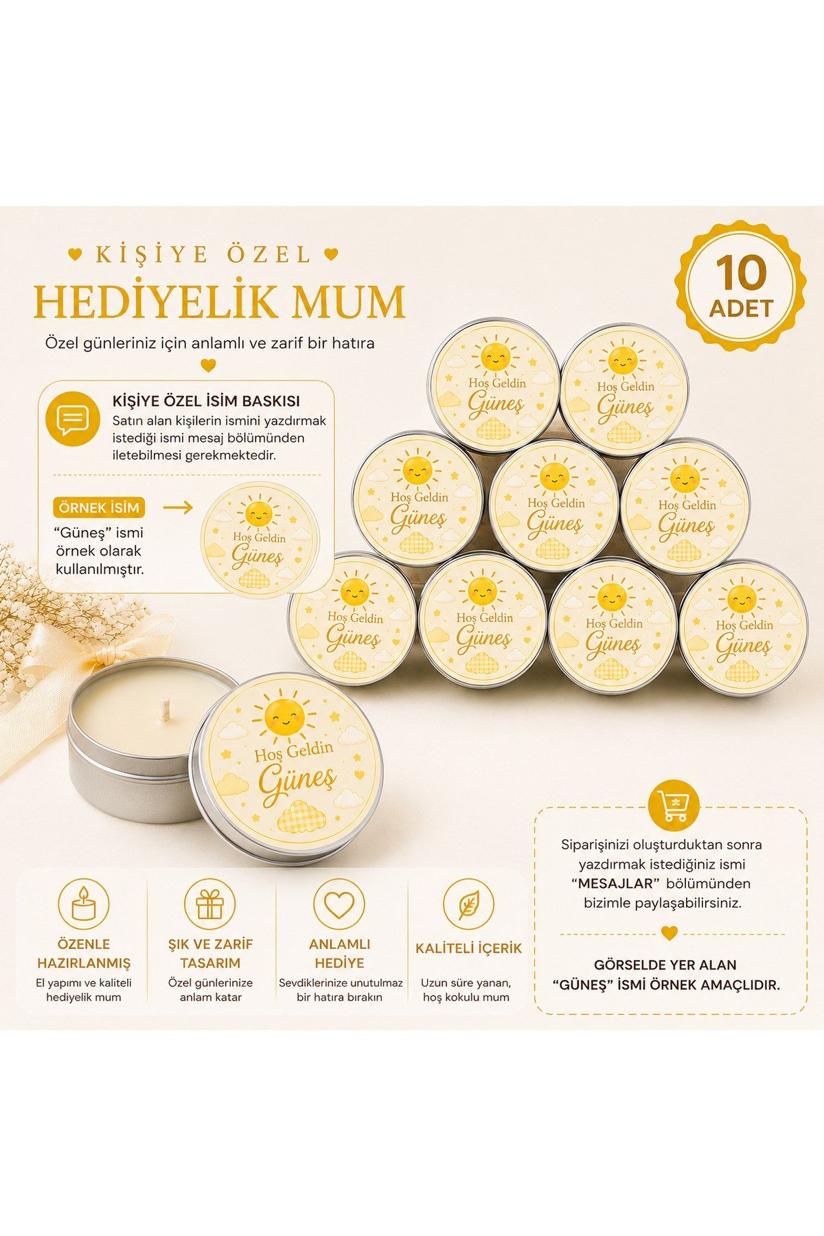 Kişiye Özel İsim Baskılı Hediyelik Mum 10 Adet | Metal Kutulu Bebek Mevlüdü, Baby Shower, Hastane Çıkışı Dağıtmalık Mum
