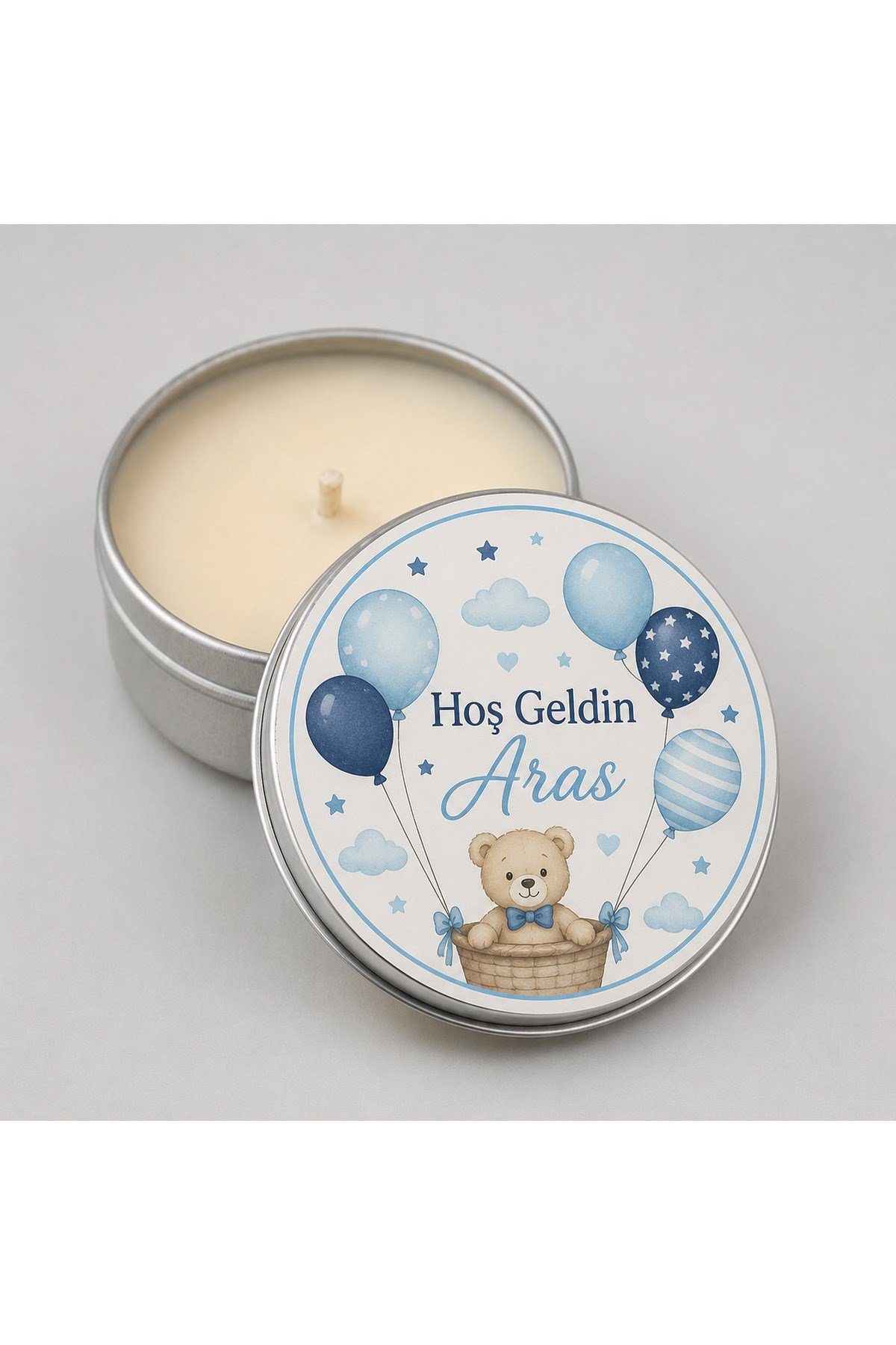 Kişiye Özel İsim Baskılı Hediyelik Mum 10 Adet | Mavi Balon Temalı Metal Kutulu Bebek Mevlüdü, Baby Shower, Hastane Çıkışı Dağıtmalık Mum