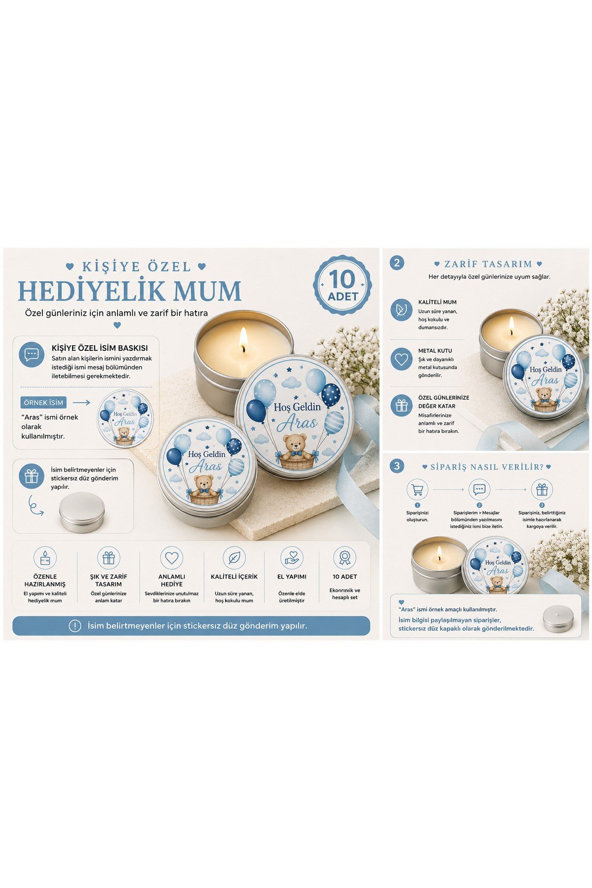 Kişiye Özel İsim Baskılı Hediyelik Mum 10 Adet | Mavi Balon Temalı Metal Kutulu Bebek Mevlüdü, Baby Shower, Hastane Çıkışı Dağıtmalık Mum