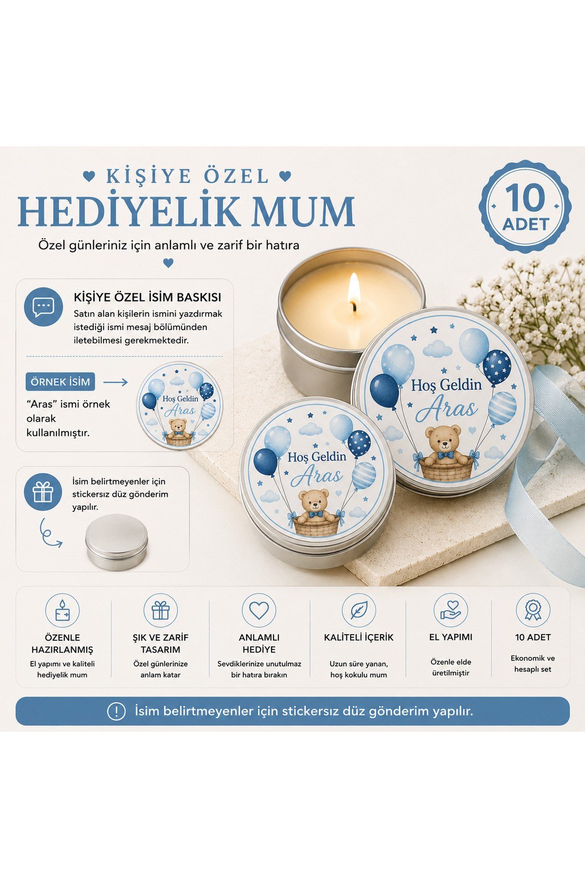 Kişiye Özel İsim Baskılı Hediyelik Mum 10 Adet | Mavi Balon Temalı Metal Kutulu Bebek Mevlüdü, Baby Shower, Hastane Çıkışı Dağıtmalık Mum