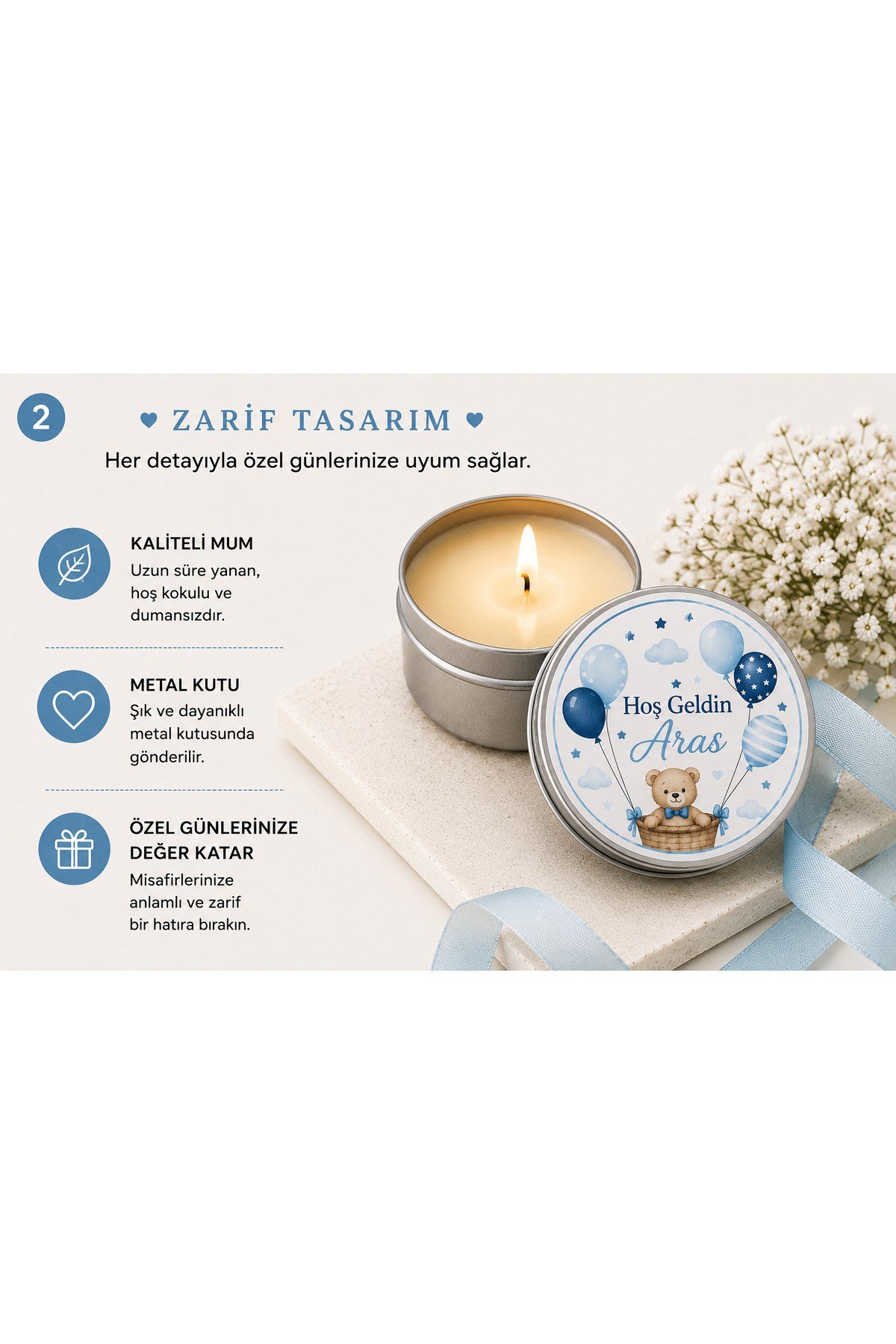 Kişiye Özel İsim Baskılı Hediyelik Mum 10 Adet | Mavi Balon Temalı Metal Kutulu Bebek Mevlüdü, Baby Shower, Hastane Çıkışı Dağıtmalık Mum