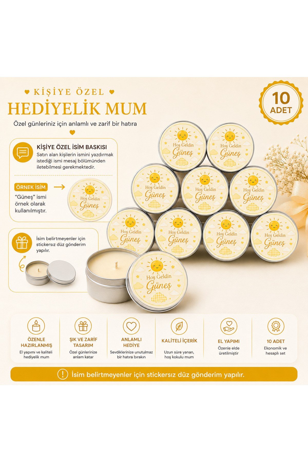 Kişiye Özel İsim Baskılı Hediyelik Mum 10 Adet | Metal Kutulu Bebek Mevlüdü, Baby Shower, Hastane Çıkışı Dağıtmalık Mum