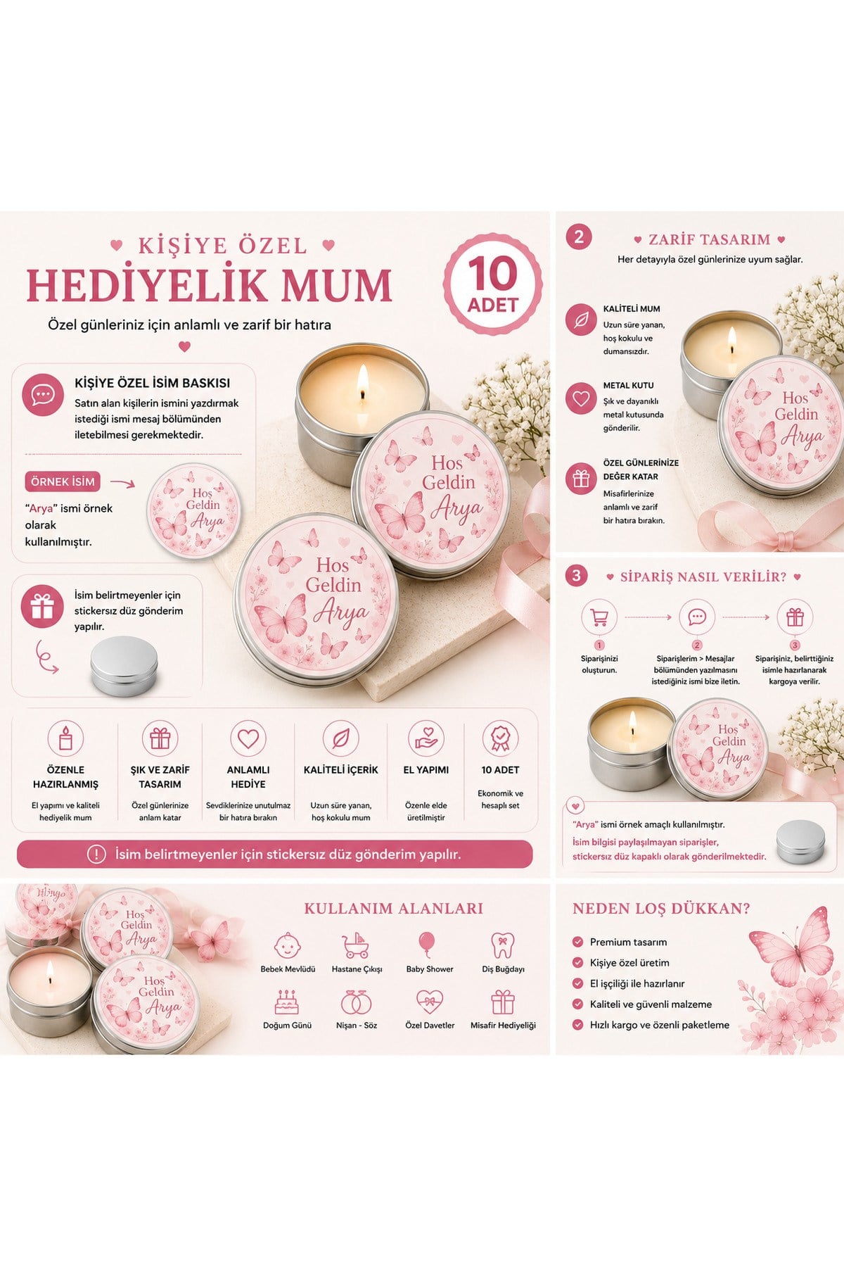 Kişiye Özel İsim Baskılı Kelebek Temalı Hediyelik Mum 10 Adet | Metal Kutulu Baby Shower, Bebek Mevlüdü, Hastane Çıkışı Dağıtmalık Mum