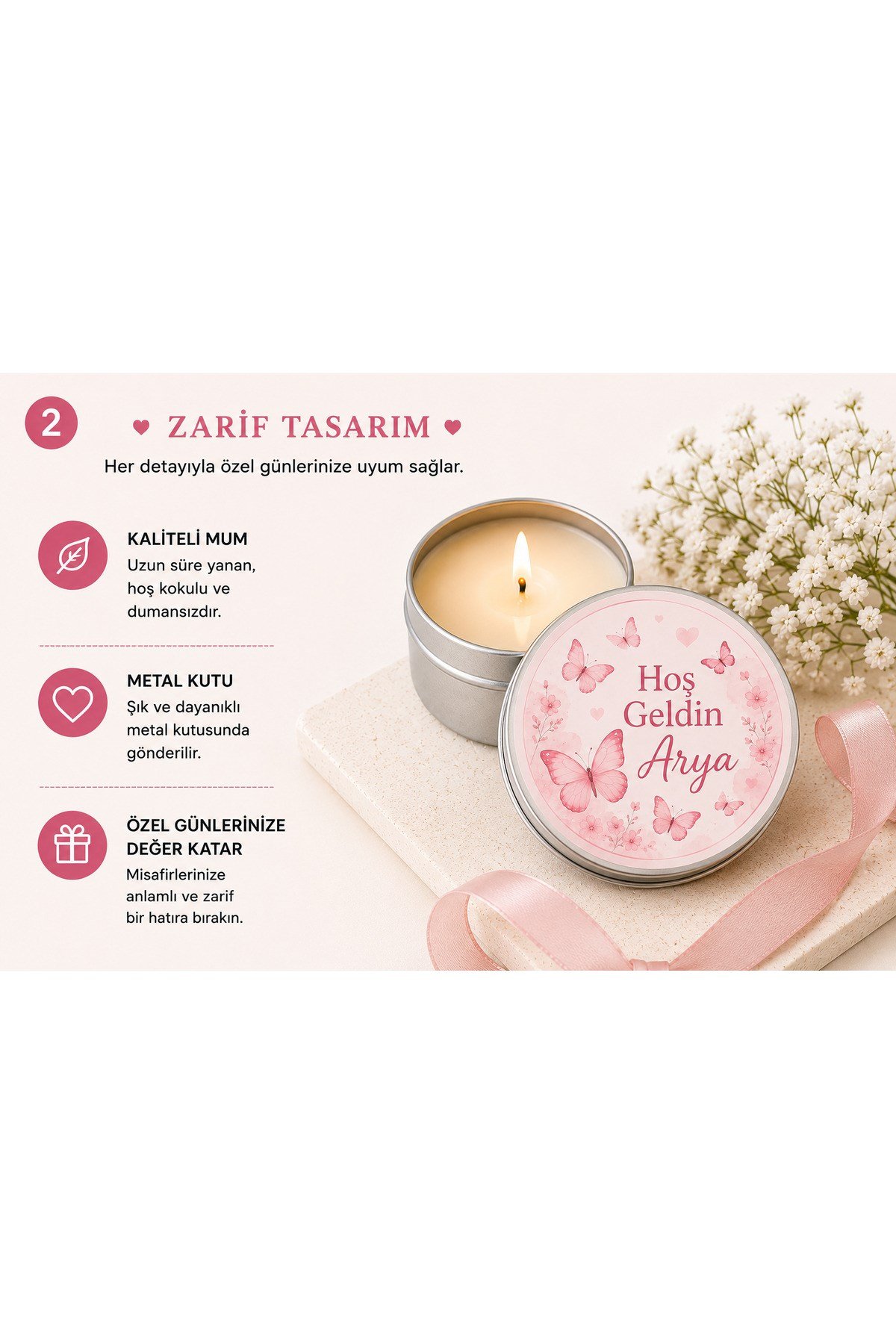 Kişiye Özel İsim Baskılı Kelebek Temalı Hediyelik Mum 10 Adet | Metal Kutulu Baby Shower, Bebek Mevlüdü, Hastane Çıkışı Dağıtmalık Mum