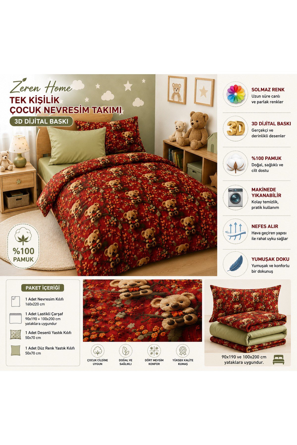 Koalalı Çocuk Nevresim Takımı %100 Pamuk | 160x220 Nevresim + Lastikli Çarşaf + 2 Yastık Kılıfı | Yağ Yeşili Çarşaflı