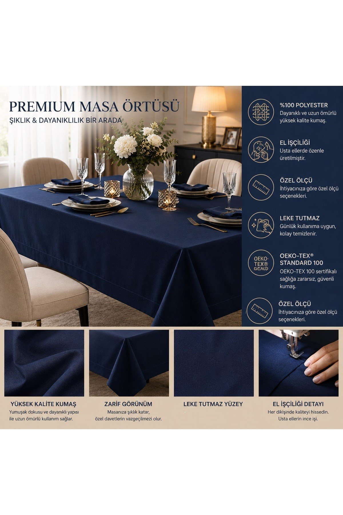 Lacivert Piko Sarma Detaylı Polyester Keten Dertsiz Masa Örtüsü Lacivert