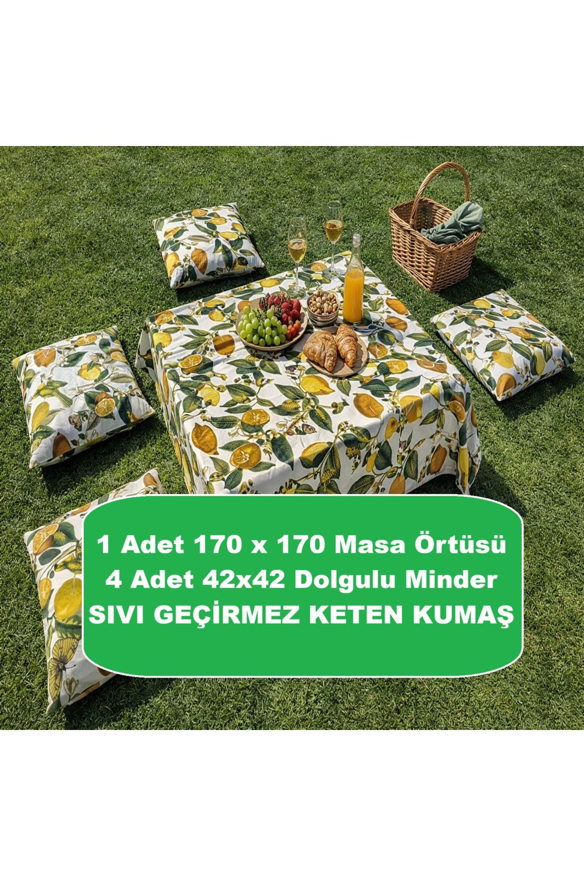 Limon Desenli Sıvı Geçirmez Keten Piknik Takımı Masa Örtüsü ve 4 Minderli Piknik Seti 170x170