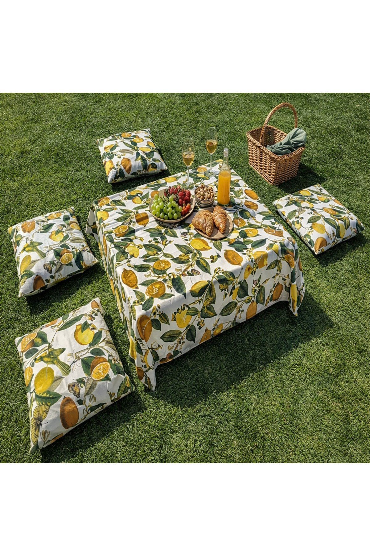 Limon Desenli Sıvı Geçirmez Keten Piknik Takımı Masa Örtüsü ve 4 Minderli Piknik Seti 170x170