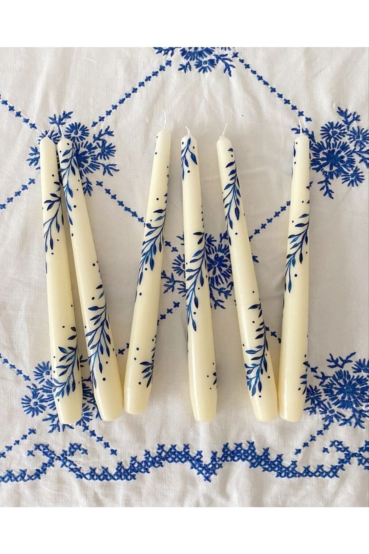 Mavi Çiçek Desenli El Çizimi Handmade Şamdan Kokulu Mum