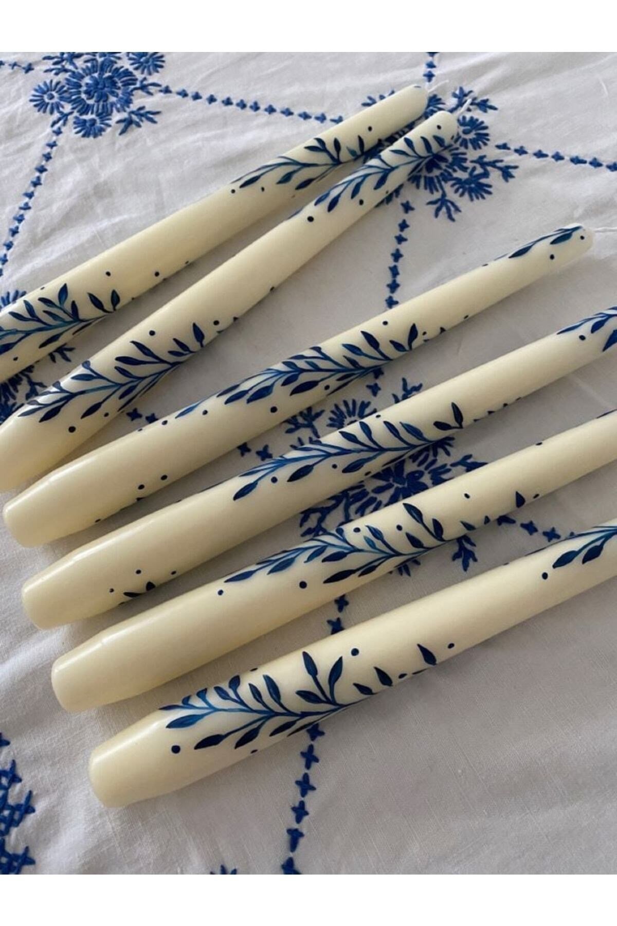 Mavi Çiçek Desenli El Çizimi Handmade Şamdan Kokulu Mum