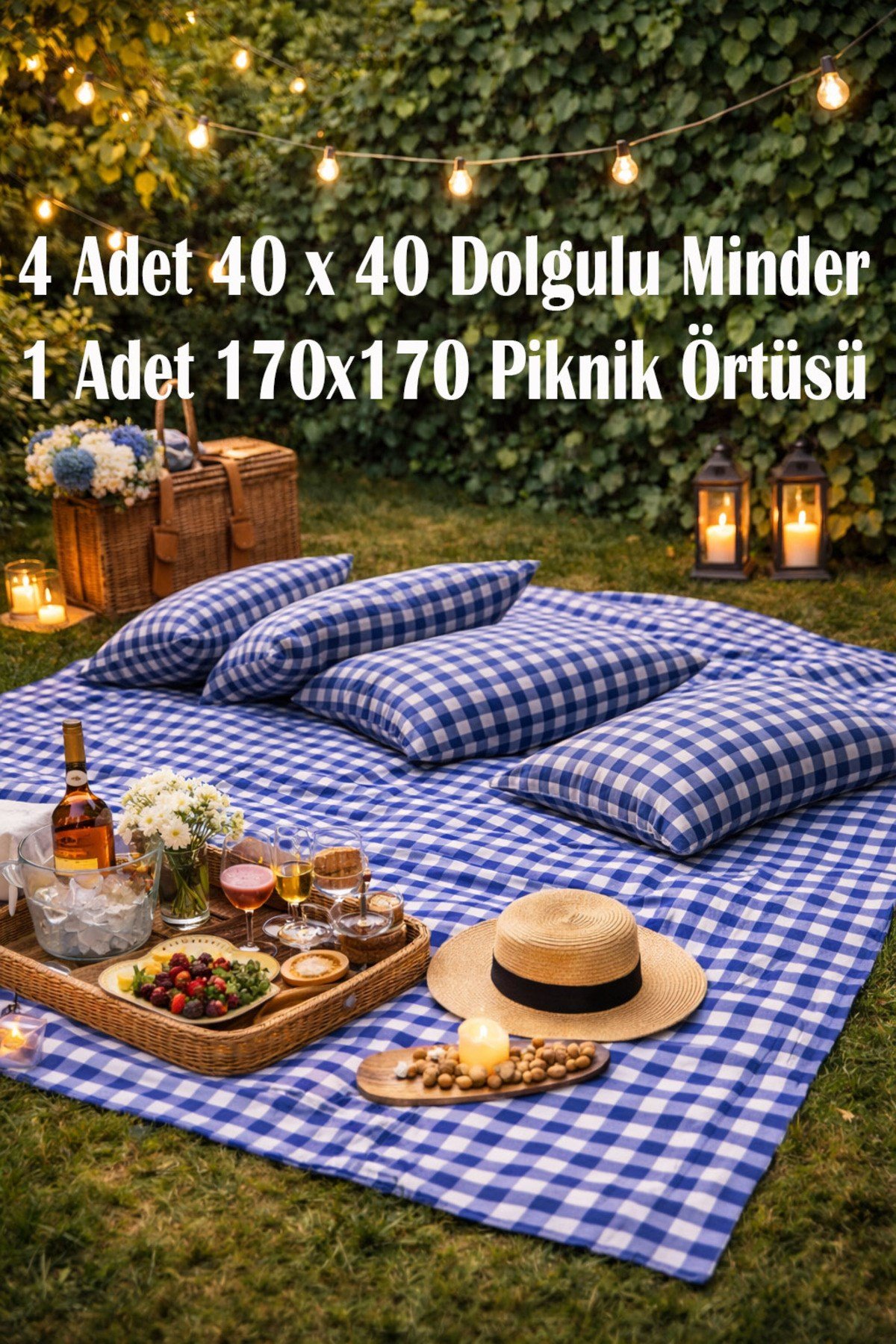 Mavi Ekose Piknik Örtüsü & Minder Takımı | 4 Yastıklı Konfor Seti | Büyük Boy Bahçe & Kamp Örtüsü