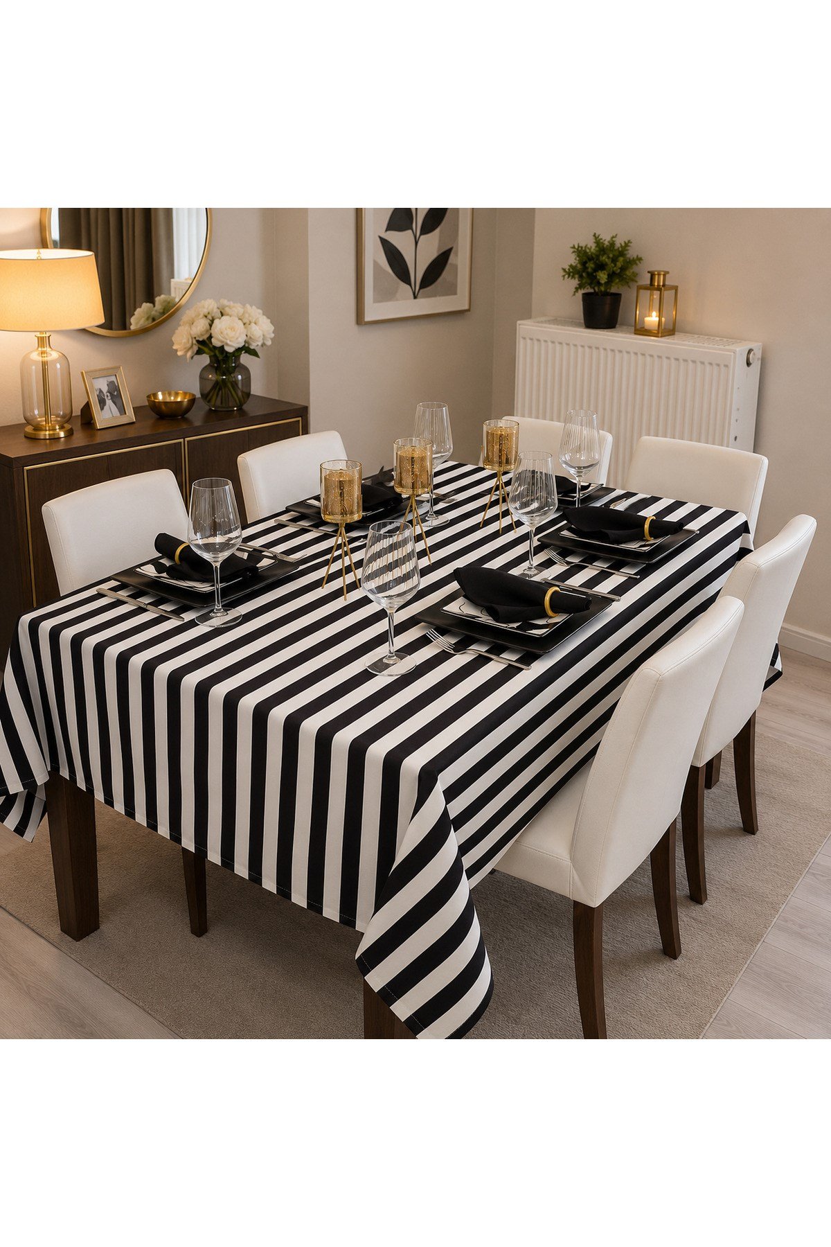 Milano Siyah Beyaz Çizgili Masa Örtüsü | Sıvı Geçirmez | Özel Ölçü Dikim|OEKO-TEX® 100
