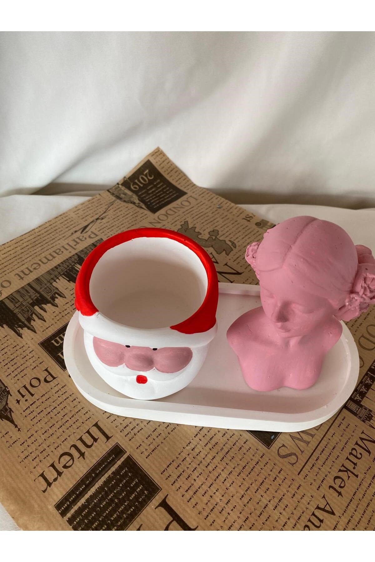 Noel Baba Saksı - Kadın Şekilli Mum ve Organizer Tabak 3 lü Set -Yılbaşı Hediyesi Dekoru