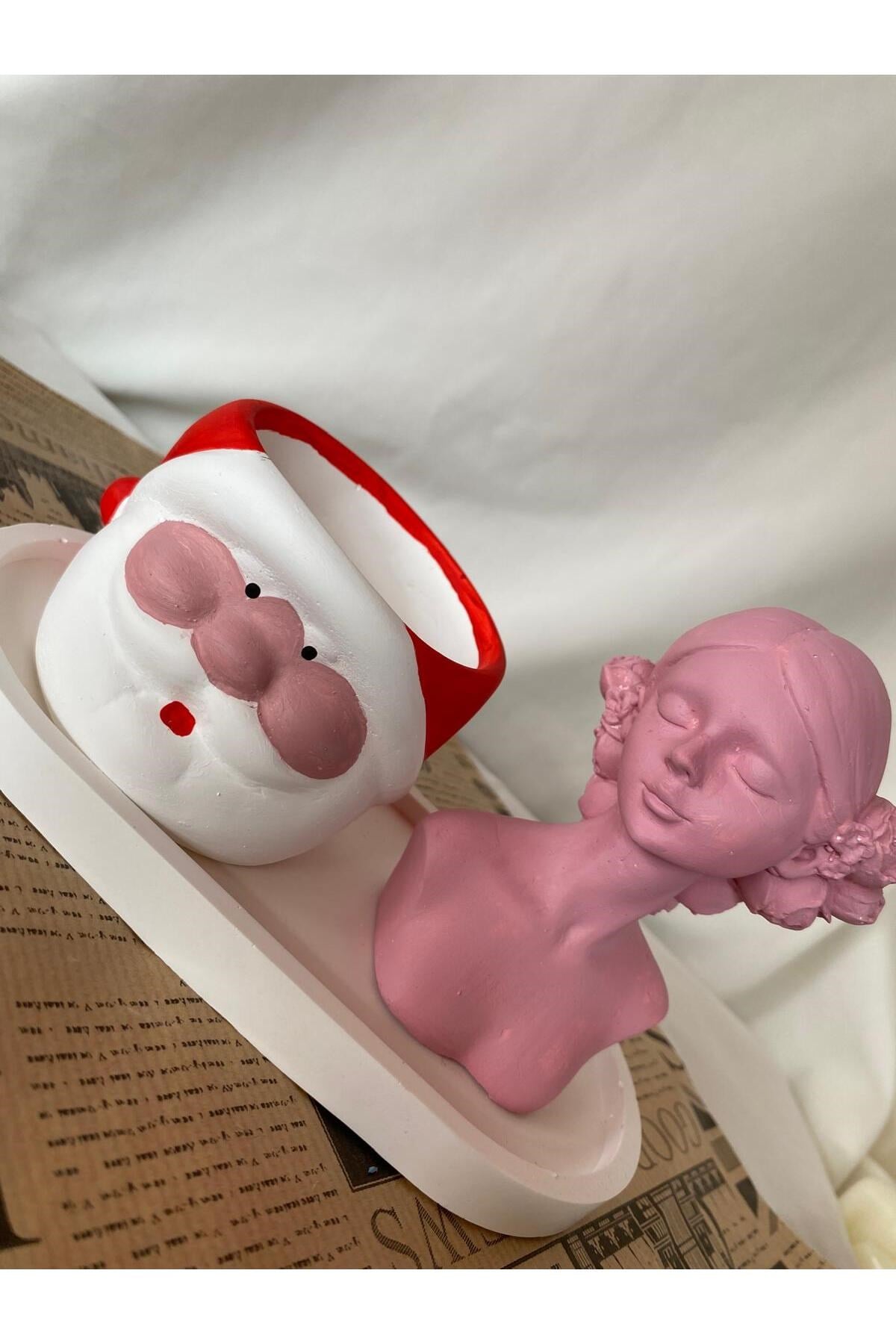 Noel Baba Saksı - Kadın Şekilli Mum ve Organizer Tabak 3 lü Set -Yılbaşı Hediyesi Dekoru