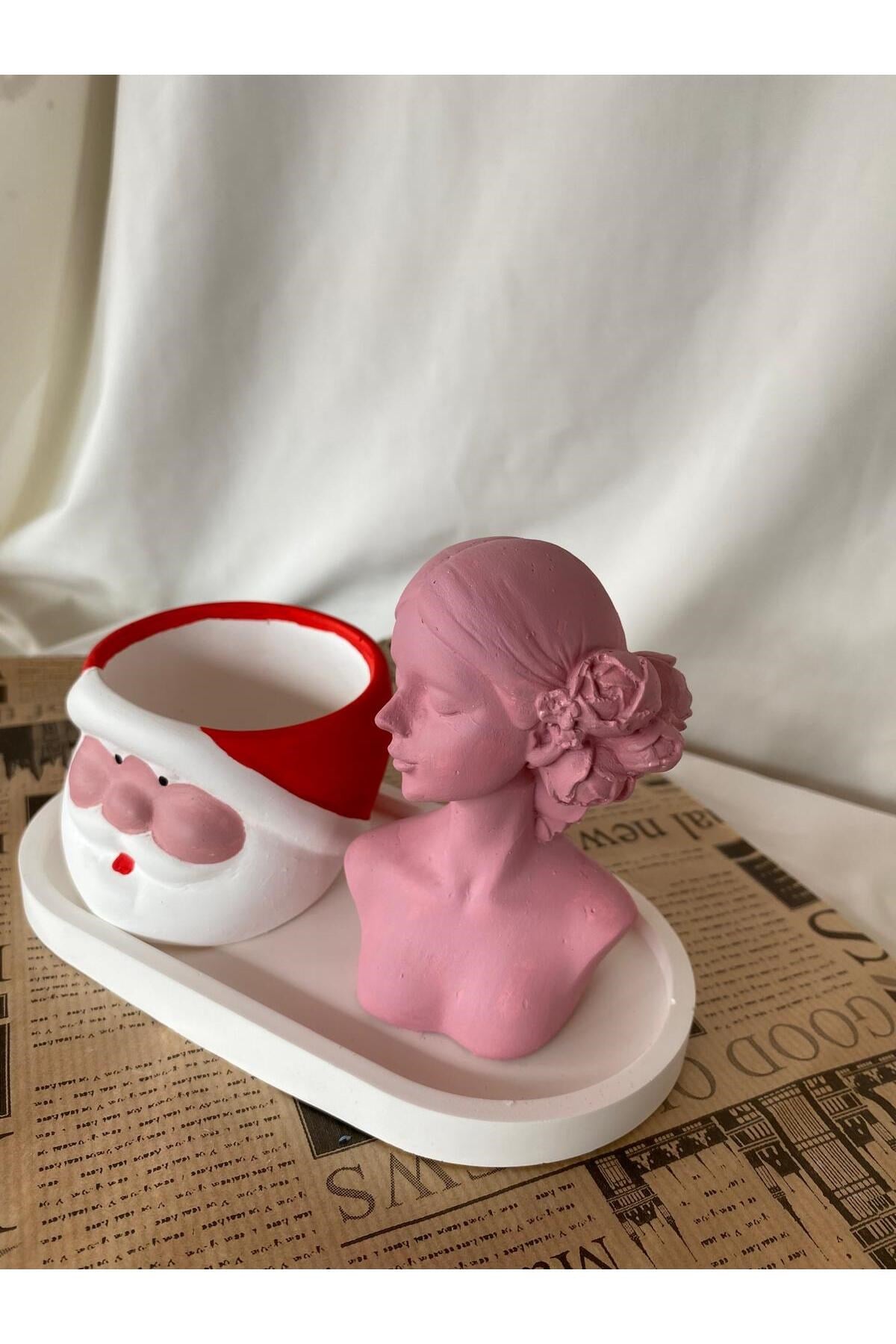 Noel Baba Saksı - Kadın Şekilli Mum ve Organizer Tabak 3 lü Set -Yılbaşı Hediyesi Dekoru