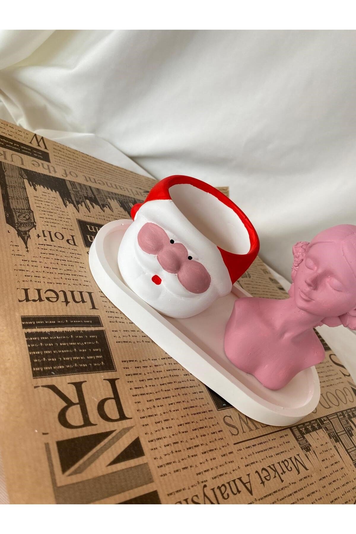 Noel Baba Saksı - Kadın Şekilli Mum ve Organizer Tabak 3 lü Set -Yılbaşı Hediyesi Dekoru
