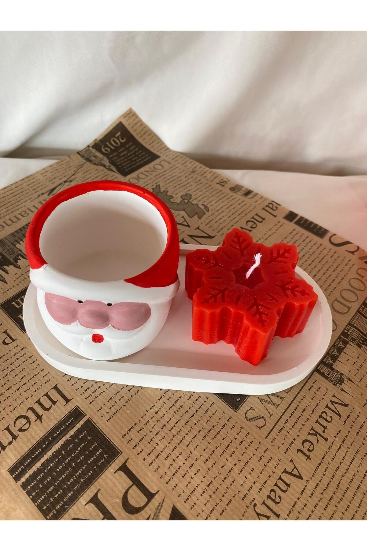 Noel Baba Saksı -Kar Tanesi Mum ve Organizer Tabak 3 lü Set -Yılbaşı Hediyesi Dekoru