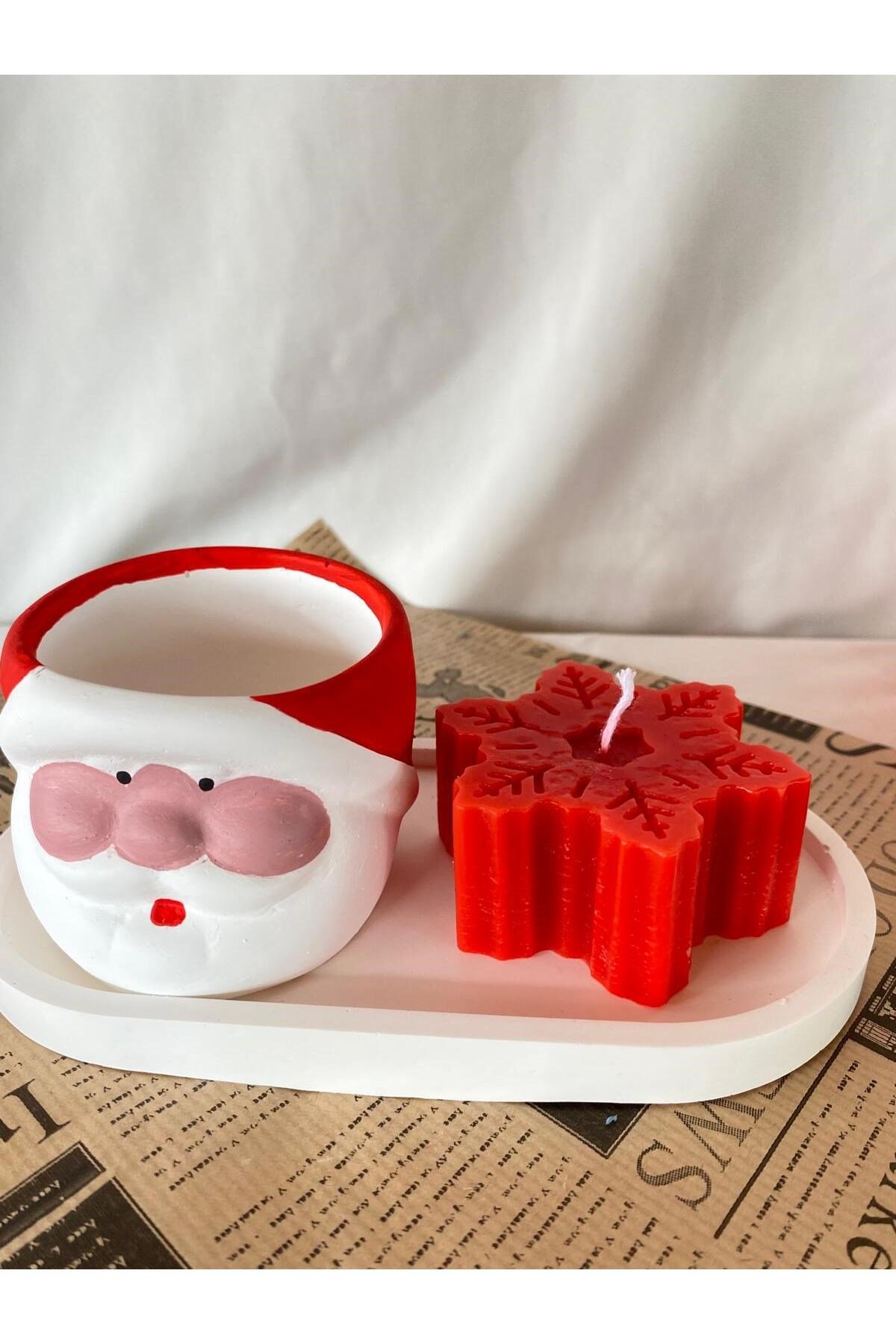 Noel Baba Saksı -Kar Tanesi Mum ve Organizer Tabak 3 lü Set -Yılbaşı Hediyesi Dekoru