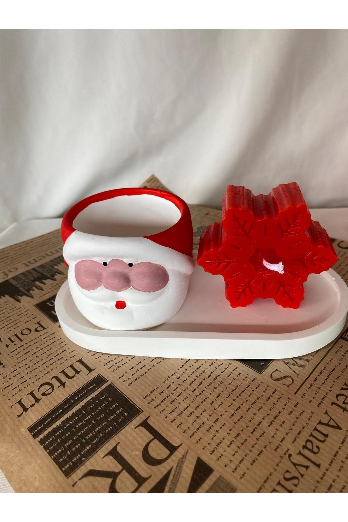 Noel Baba Saksı -Kar Tanesi Mum ve Organizer Tabak 3 lü Set -Yılbaşı Hediyesi Dekoru