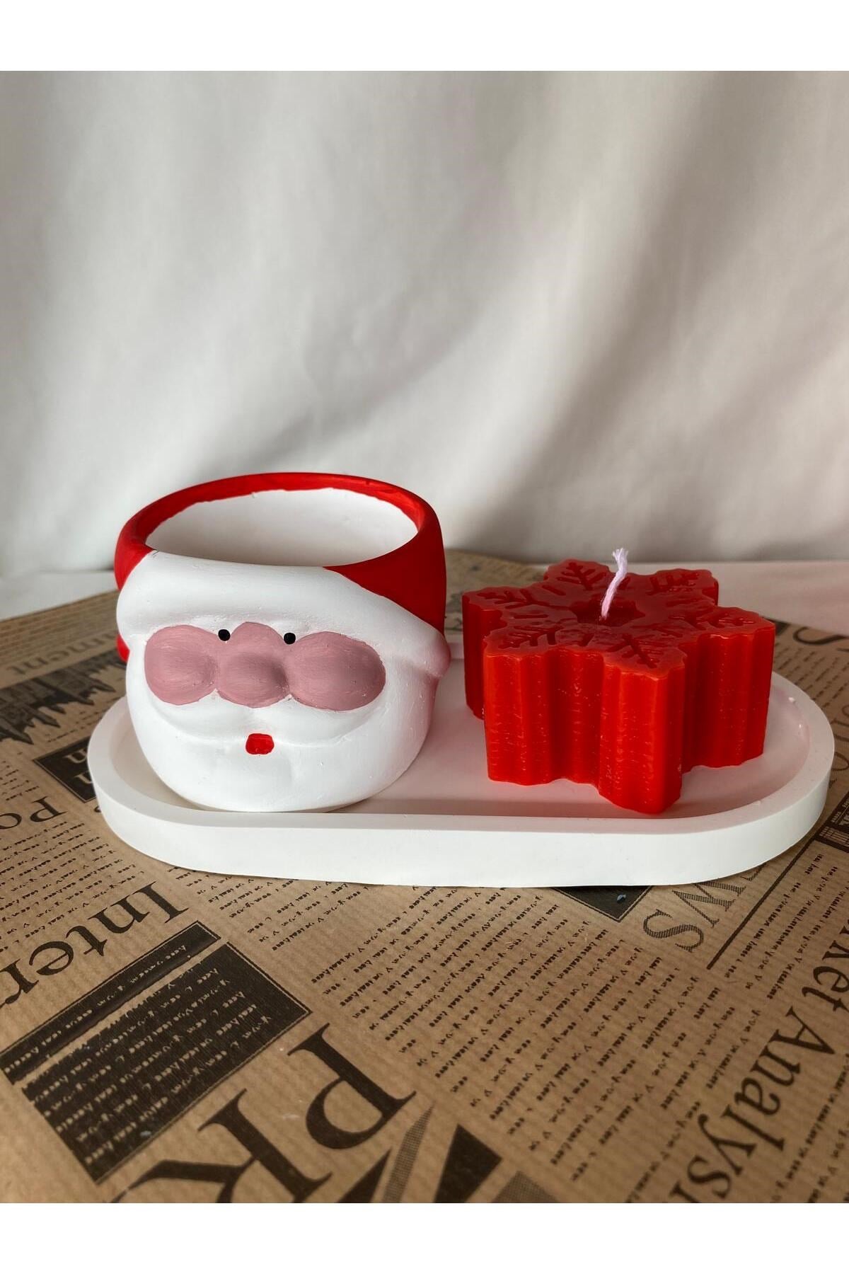 Noel Baba Saksı -Kar Tanesi Mum ve Organizer Tabak 3 lü Set -Yılbaşı Hediyesi Dekoru