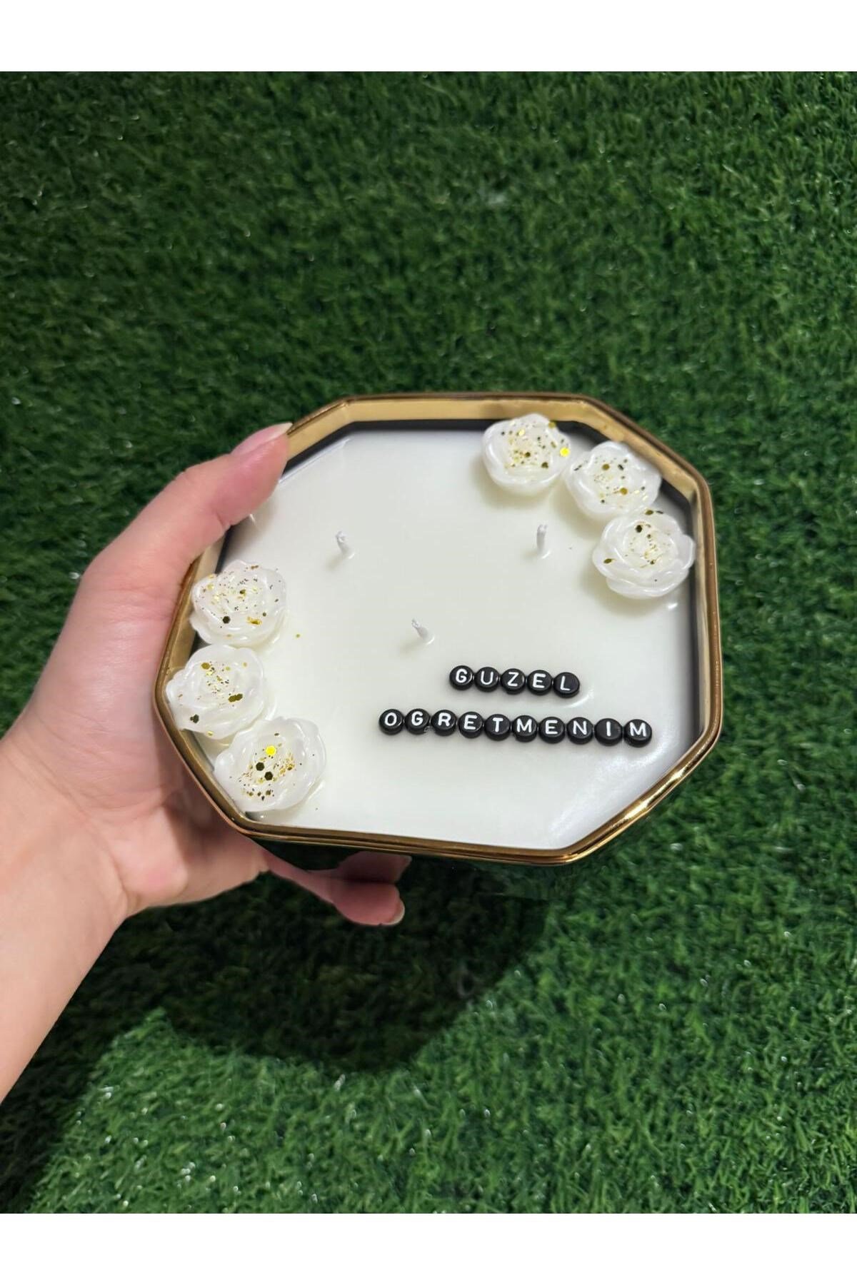 Öğretmenler Günü Hediyesi Şık Siyah Kase Gold Detaylı Mum