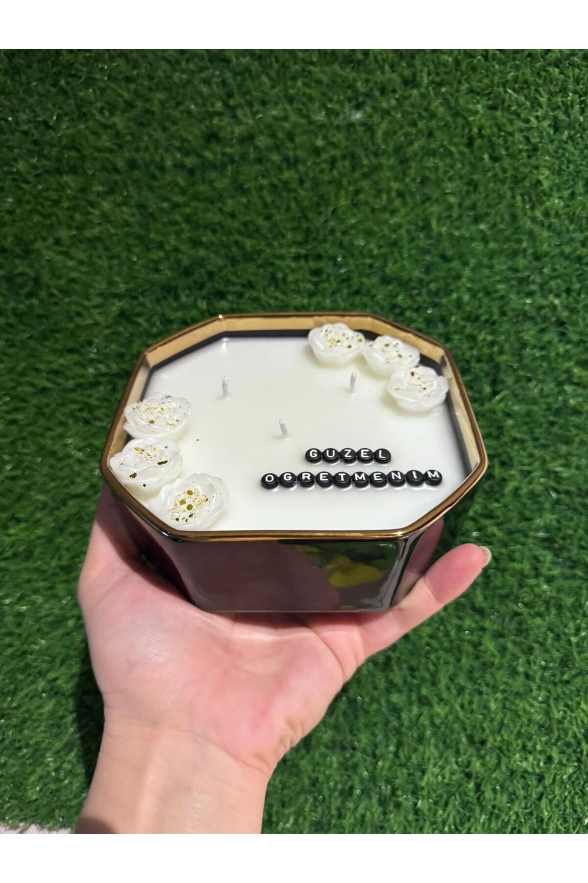 Öğretmenler Günü Hediyesi Şık Siyah Kase Gold Detaylı Mum
