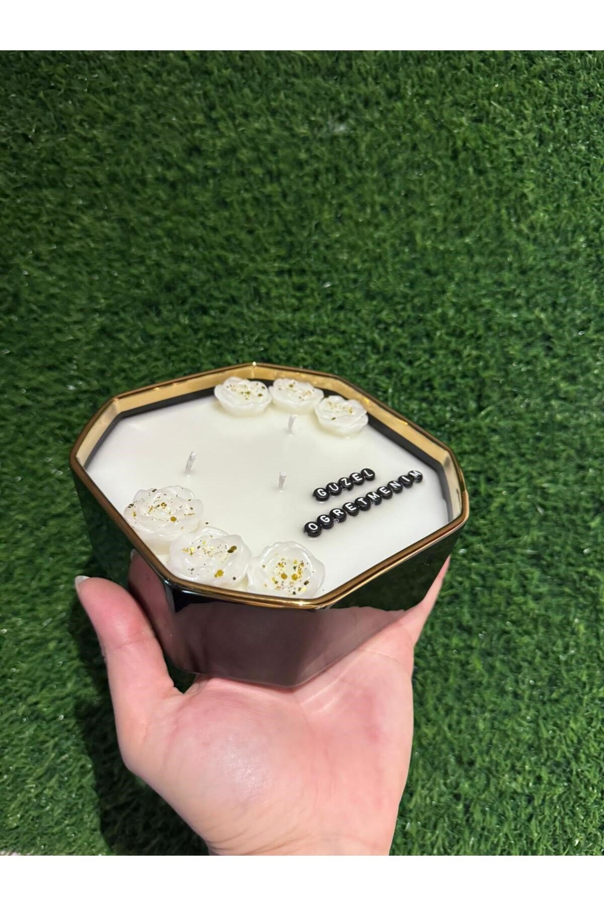 Öğretmenler Günü Hediyesi Şık Siyah Kase Gold Detaylı Mum