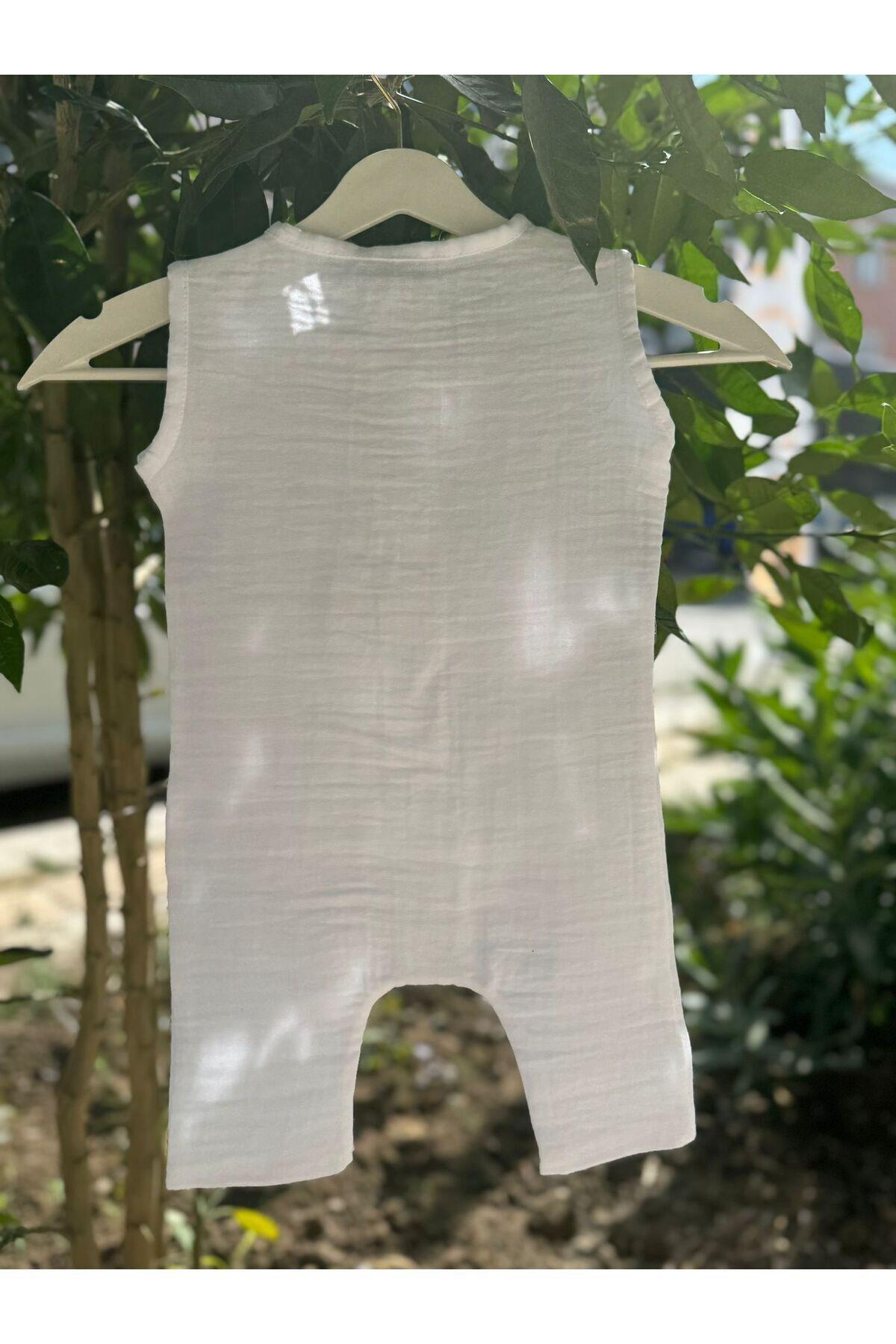 Organik Pamuklu Çift Kat Müslin Bezi Bebek Beyaz Kolsuz Tulum
