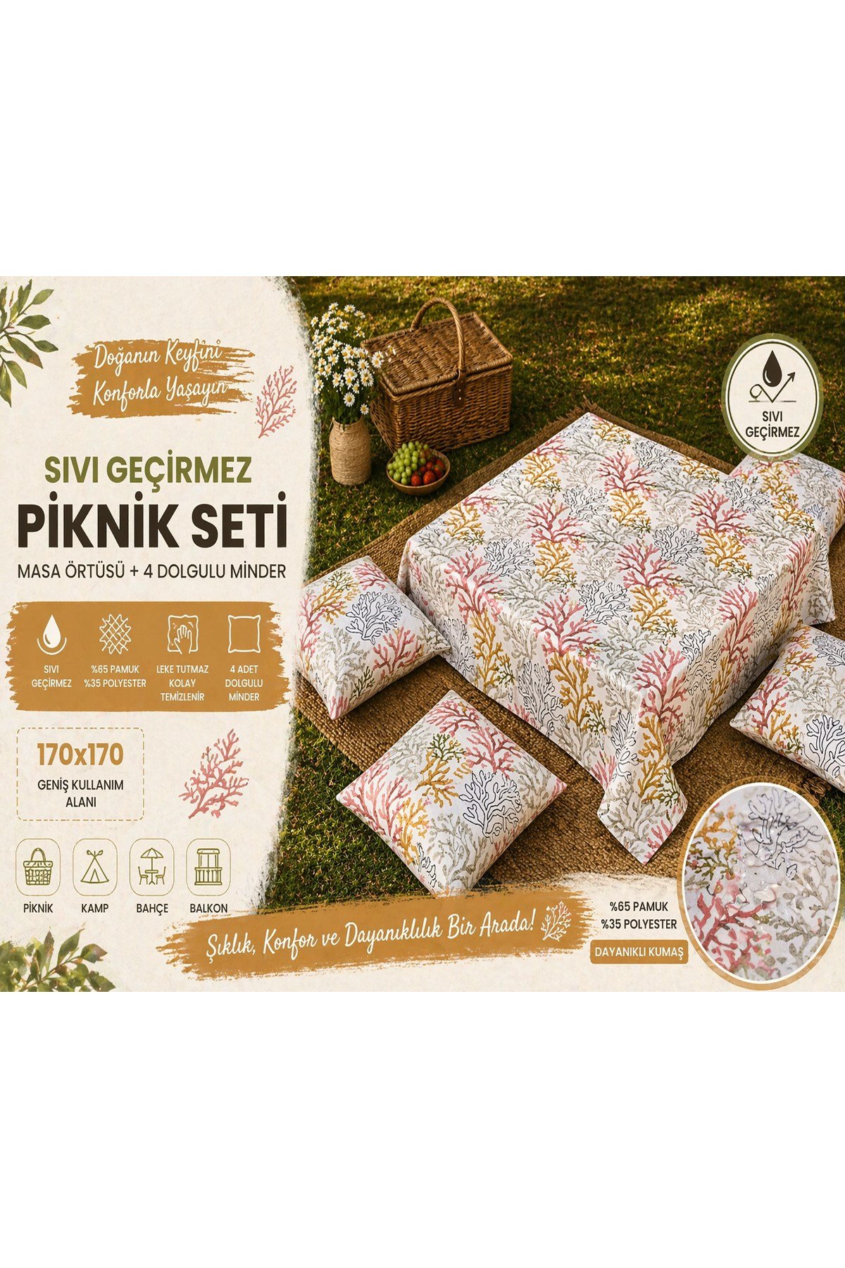 Piknik Seti 4 Minderli 170x170 Sıvı Geçirmez Masa Örtüsü | Bahçe Kamp Balkon Kumsal Örtüsü Pembe Mercan