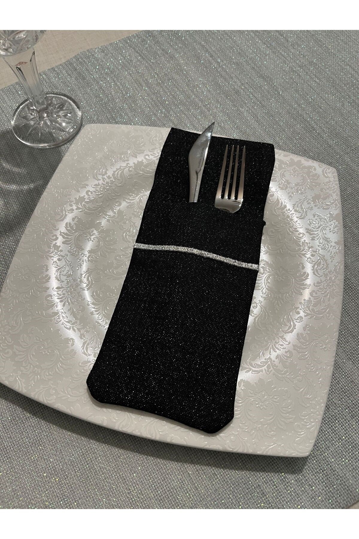 Piko Sarma Detaylı Çatal Bıçak Gözlü Simli Servis Sunum Peçetesi 2 Adet