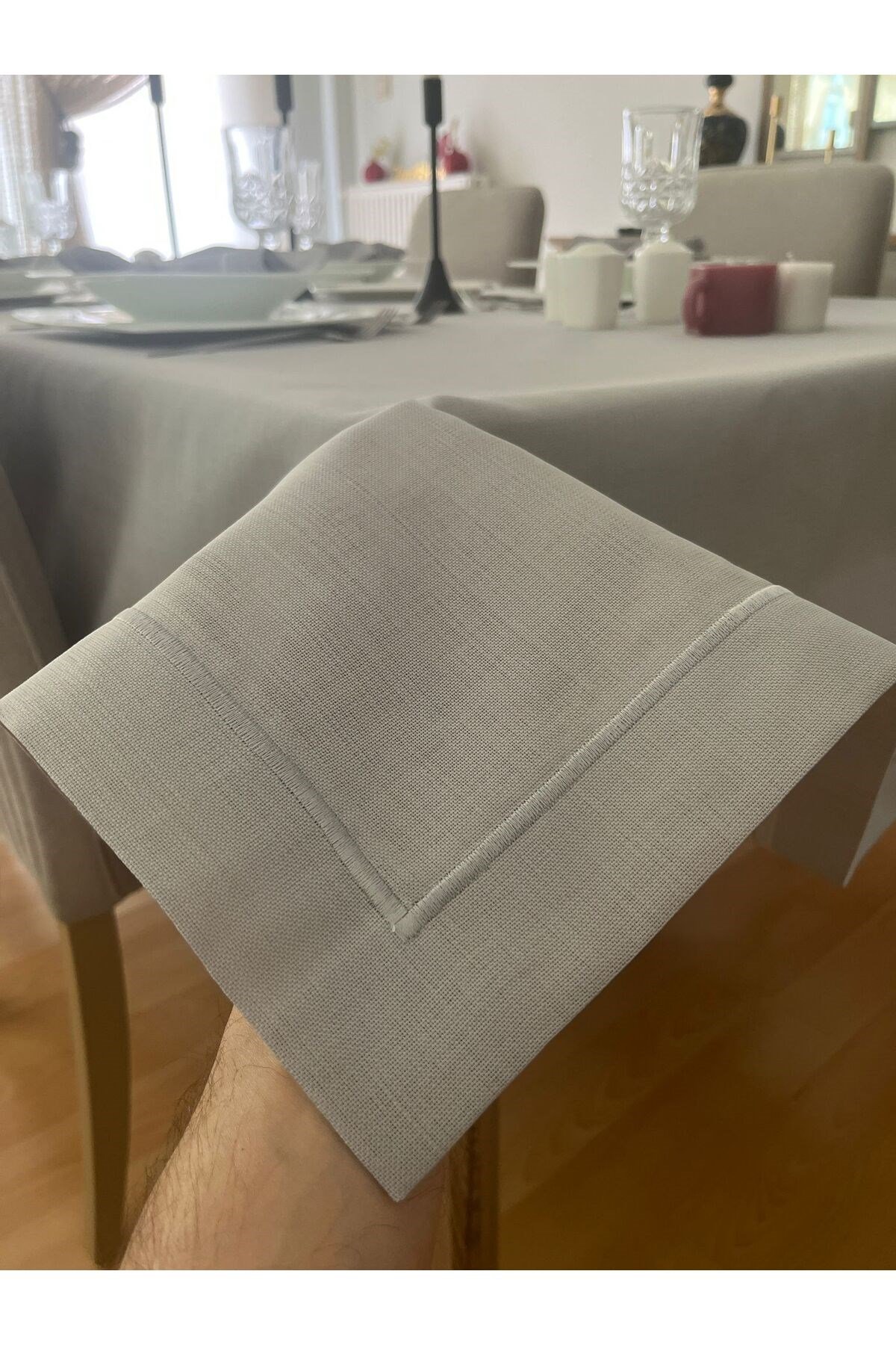 Piko Sarma Detaylı Masa Örtüsü - Runner Takım Gri (Kutulu)