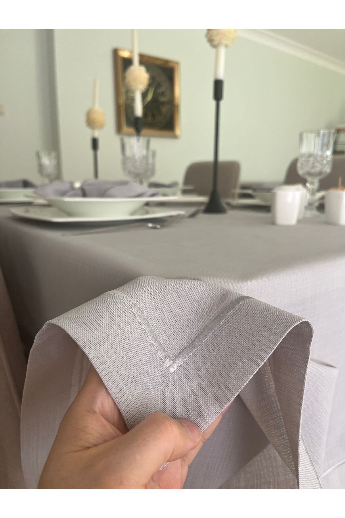 Piko Sarma Detaylı Masa Örtüsü - Runner Takım Gri (Kutulu)