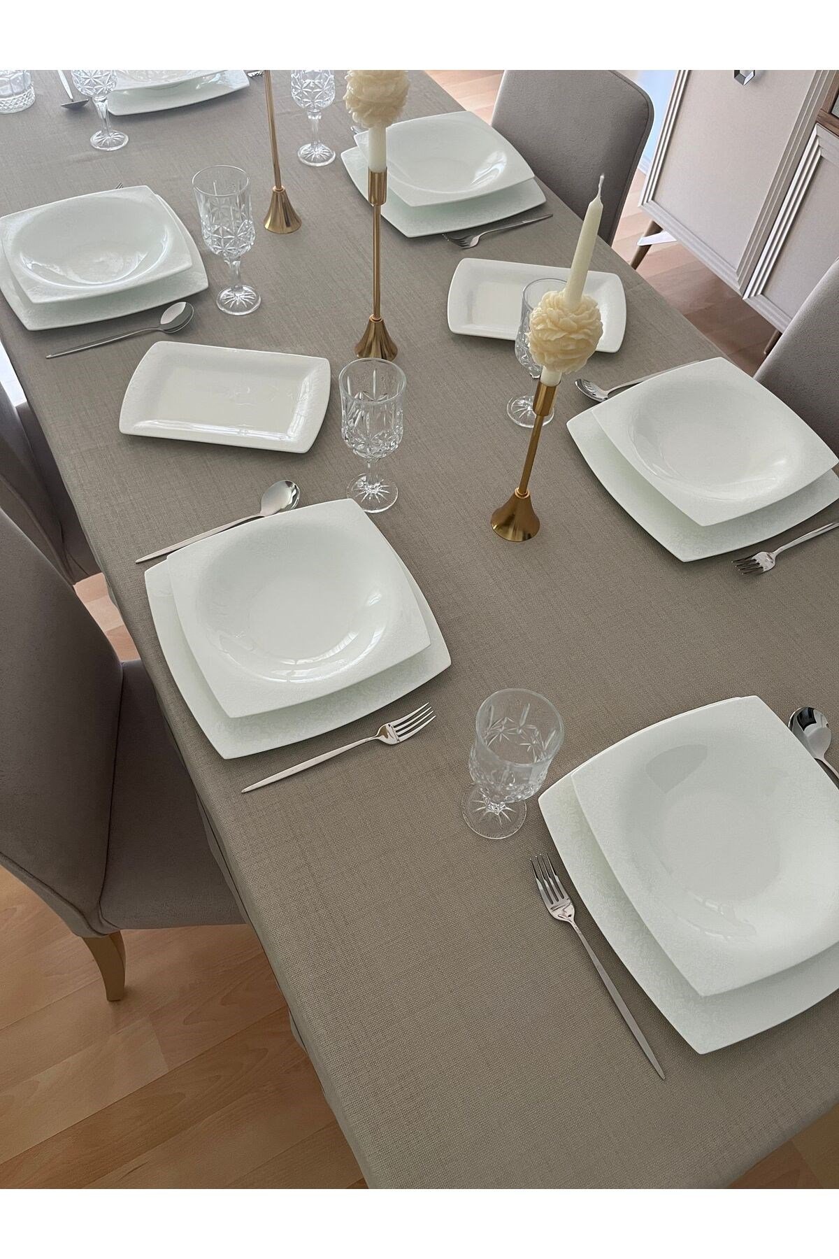 Piko Sarma Detaylı Polyester Keten Dertsiz Masa Örtüsü Taş Rengi