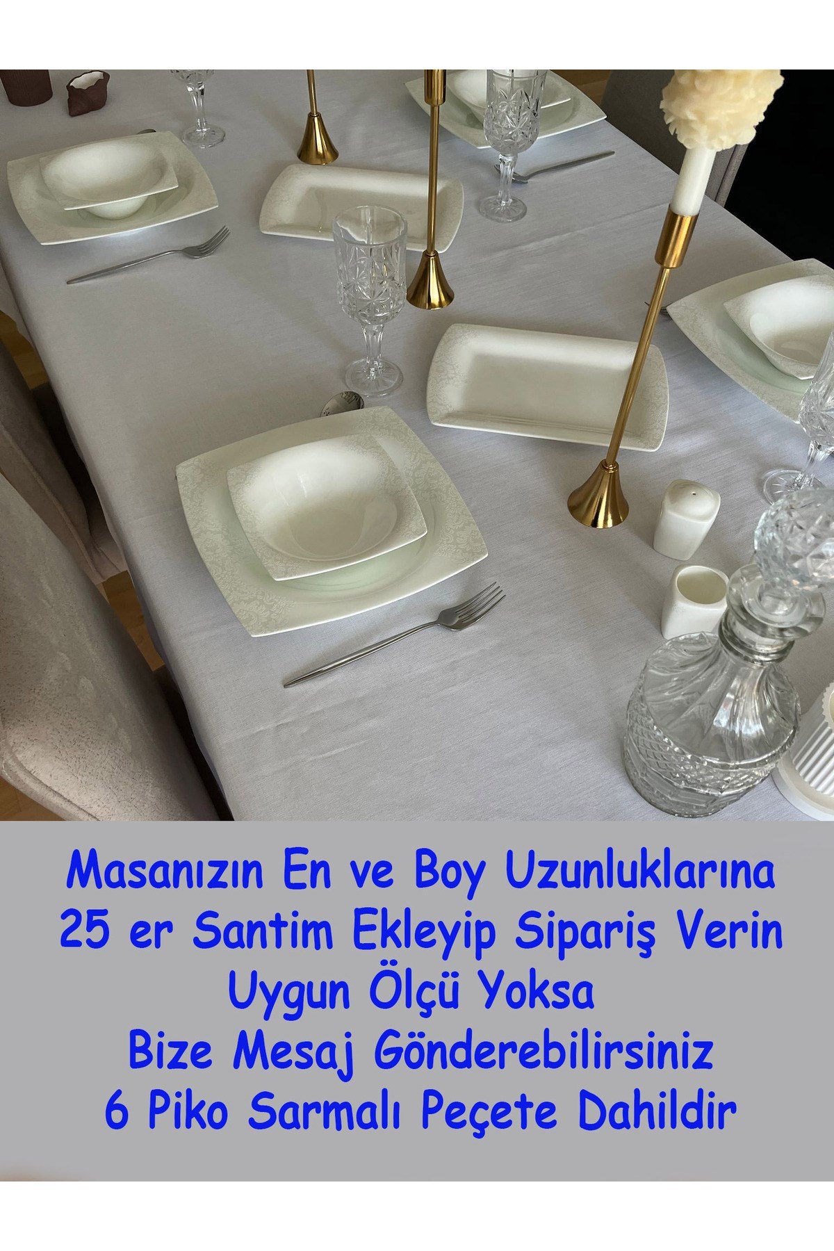 Piko Sarma Detaylı Polyester Keten Dertsiz Masa Örtüsü Beyaz + 12 Peçete