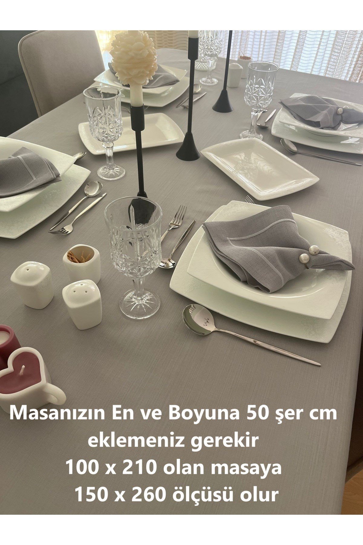 Piko Sarma Detaylı Polyester Keten Dertsiz Masa Örtüsü Gri + 6 Peçete + 1 Runner 8 Parça Takım