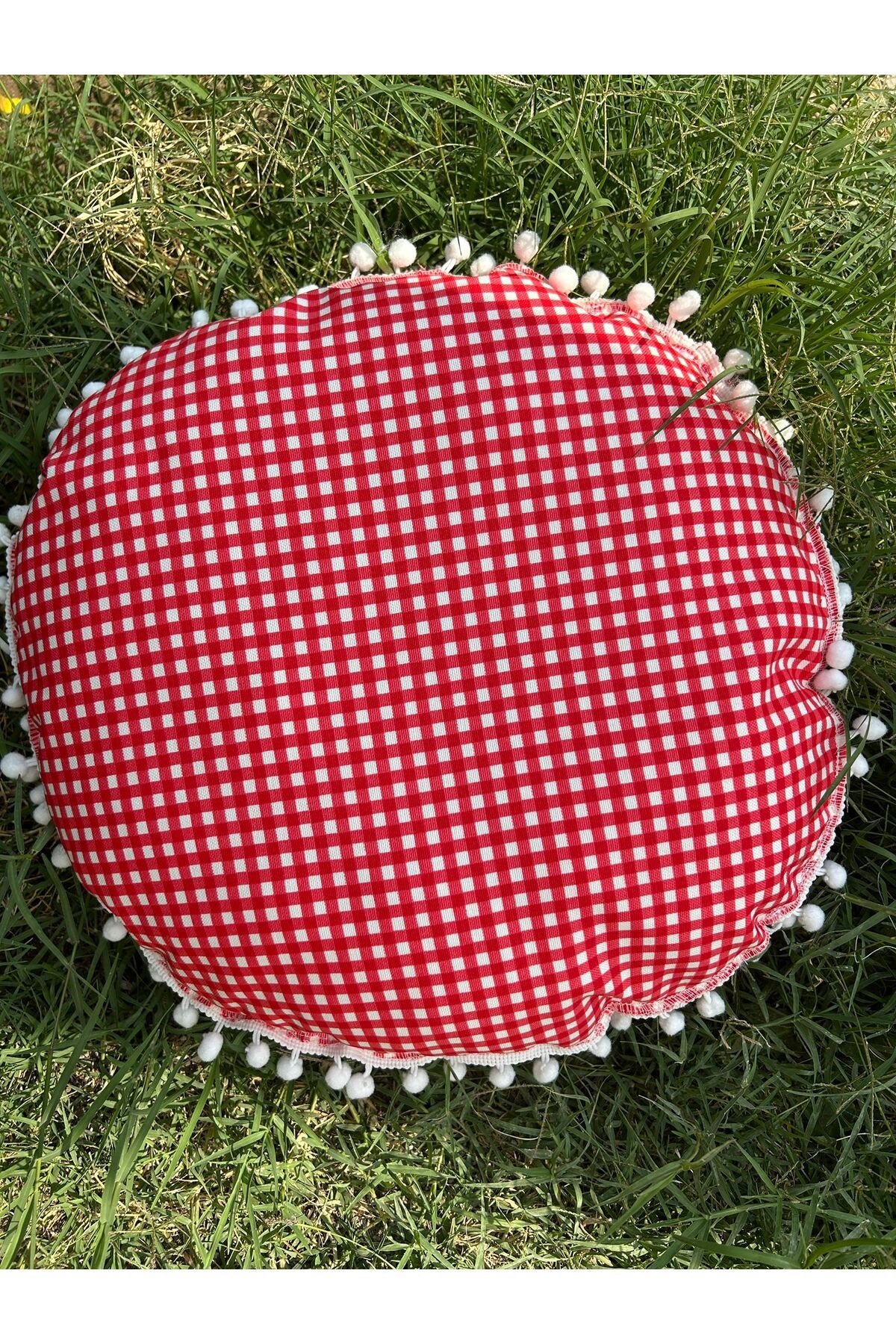 Piti Kareli Sıvıya Lekeye Dayanıklı Ponponlu Yuvarlak Piknik Sandalye Minderi 40cm 1 Adet