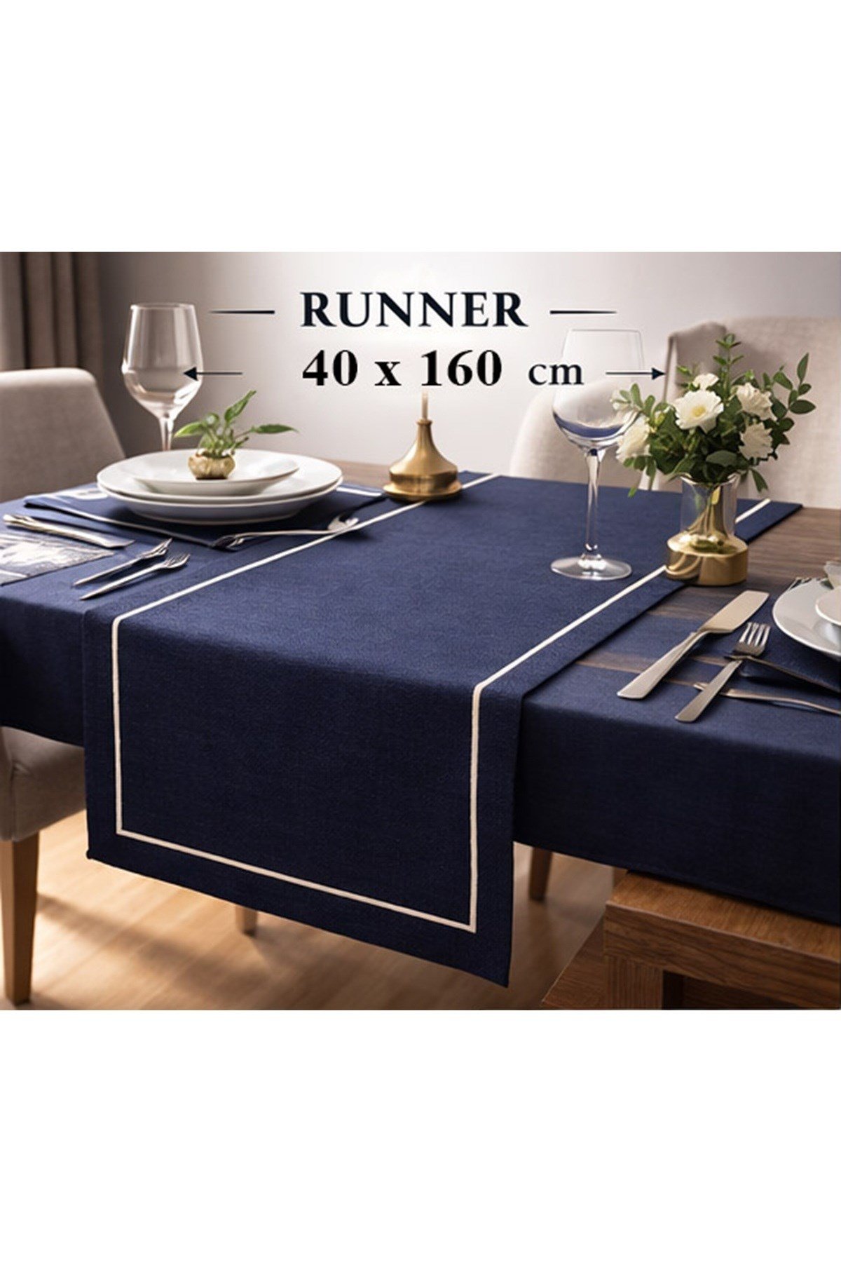 Polyester Keten Çeyiz Piko Sarma Detaylı Lacivert Runner 40 x 160 - 1 Adet